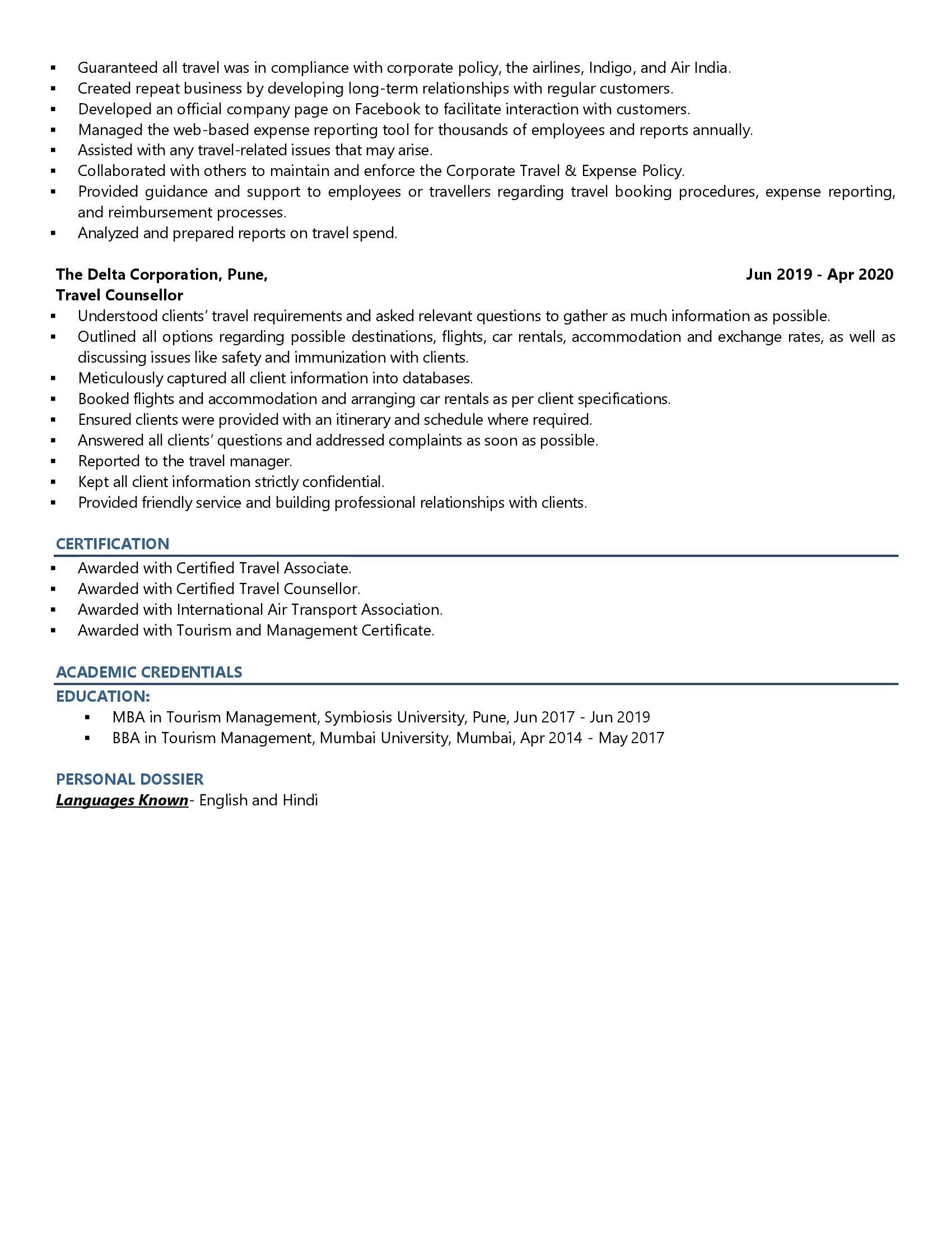 Travel Manager - Resume Example & Template