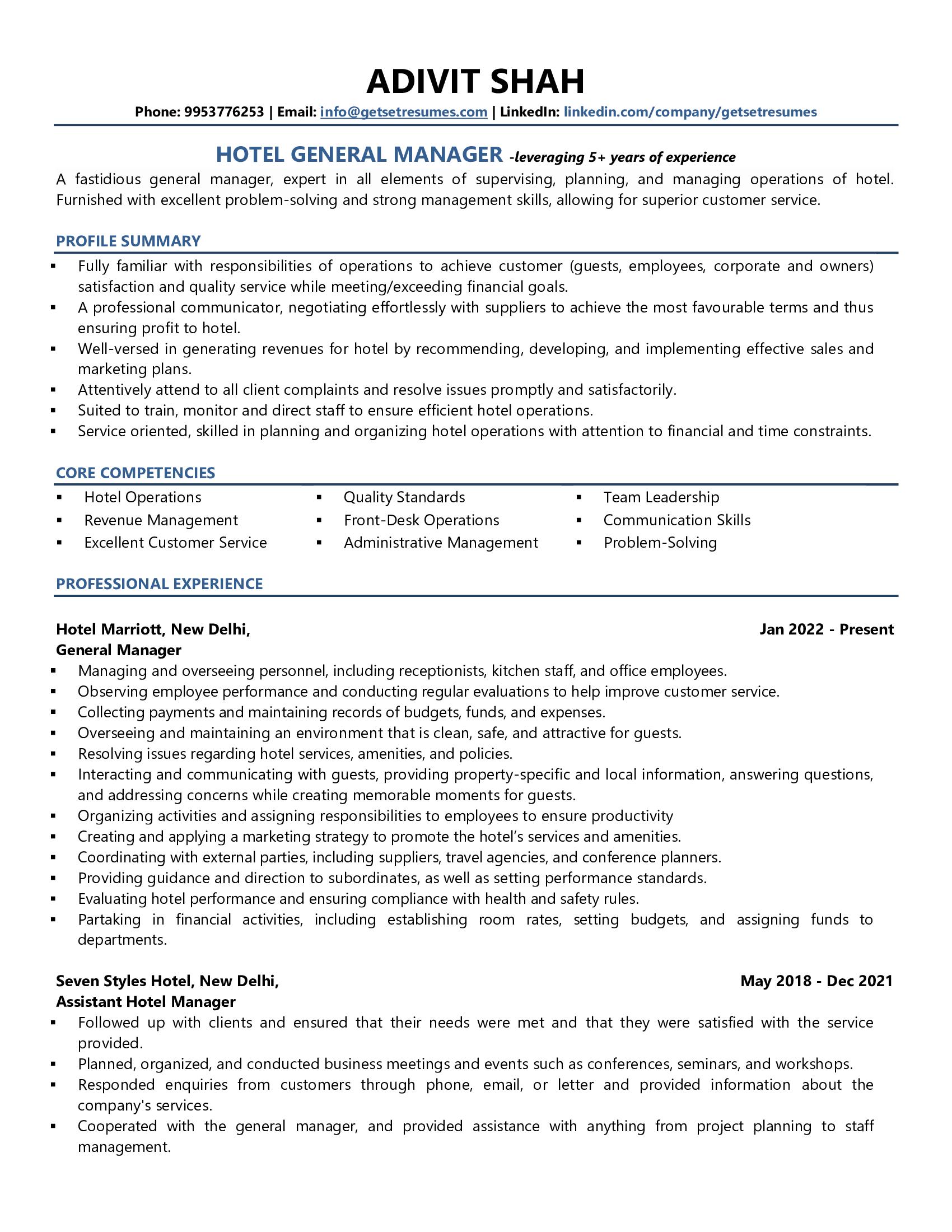 resume format in hotel management