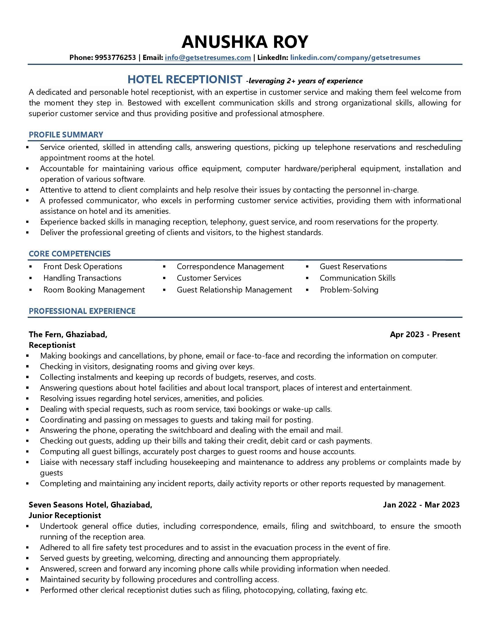 Hotel Receptionist - Resume Example & Template