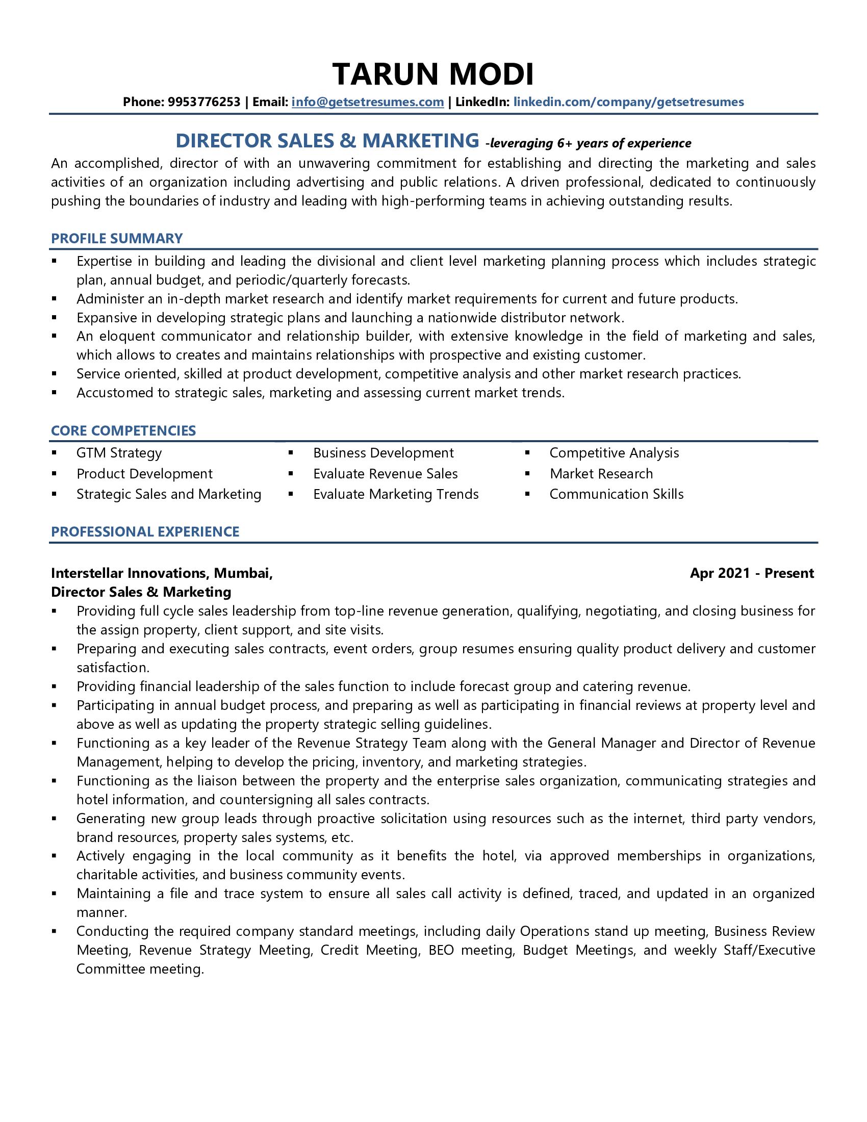 Director of Sales & Marketing - Resume Example & Template