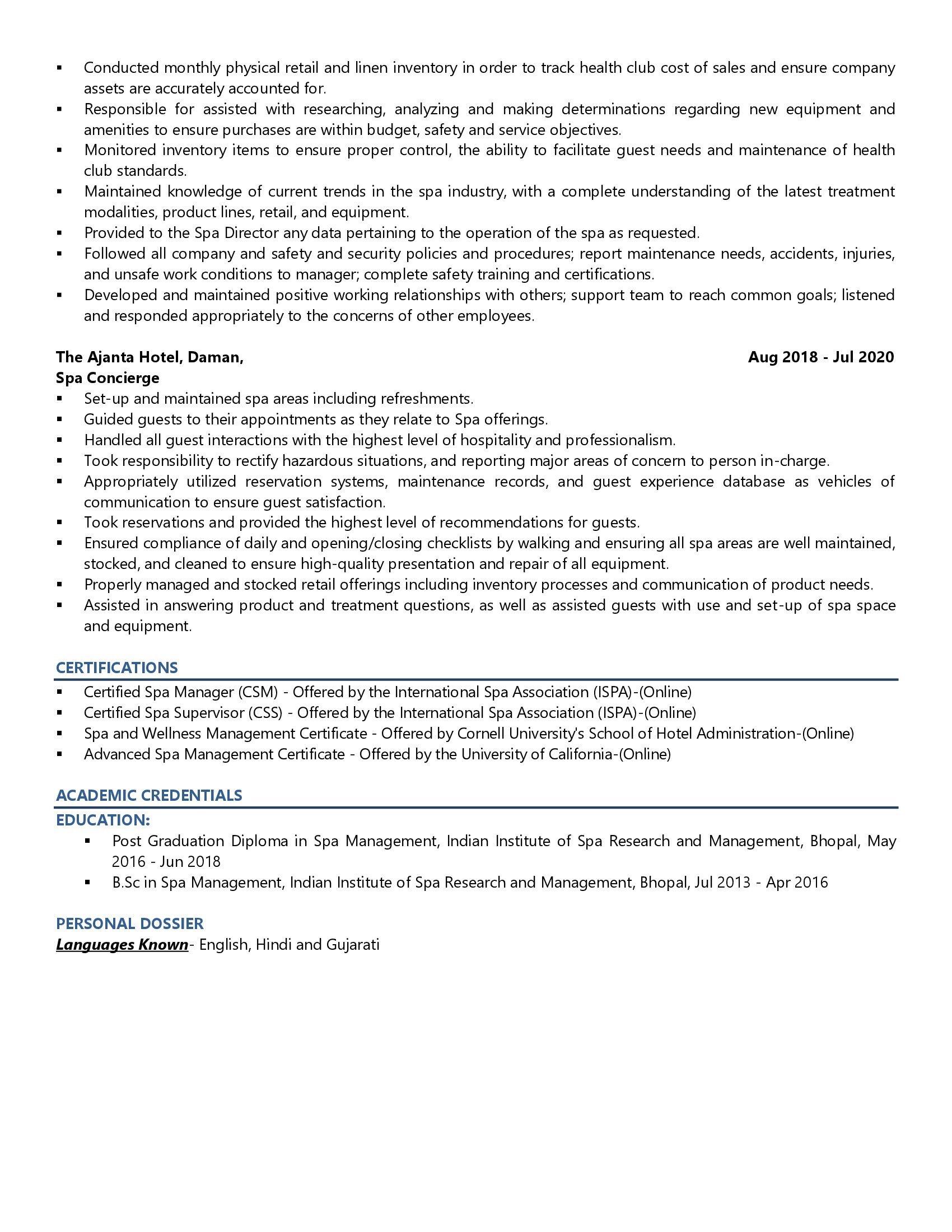 Spa Manager - Resume Example & Template