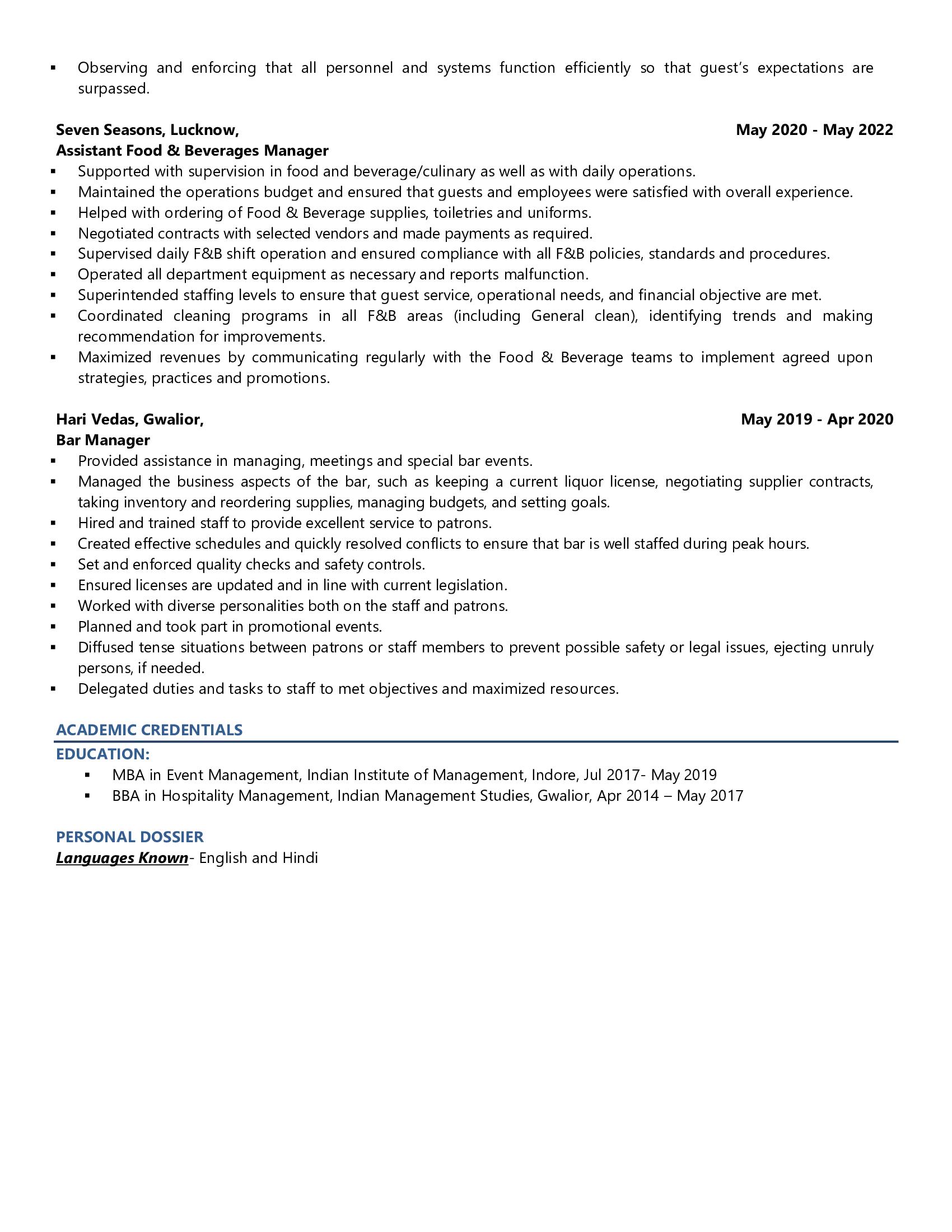 Food & Beverage (F&B) Manager - Resume Example & Template