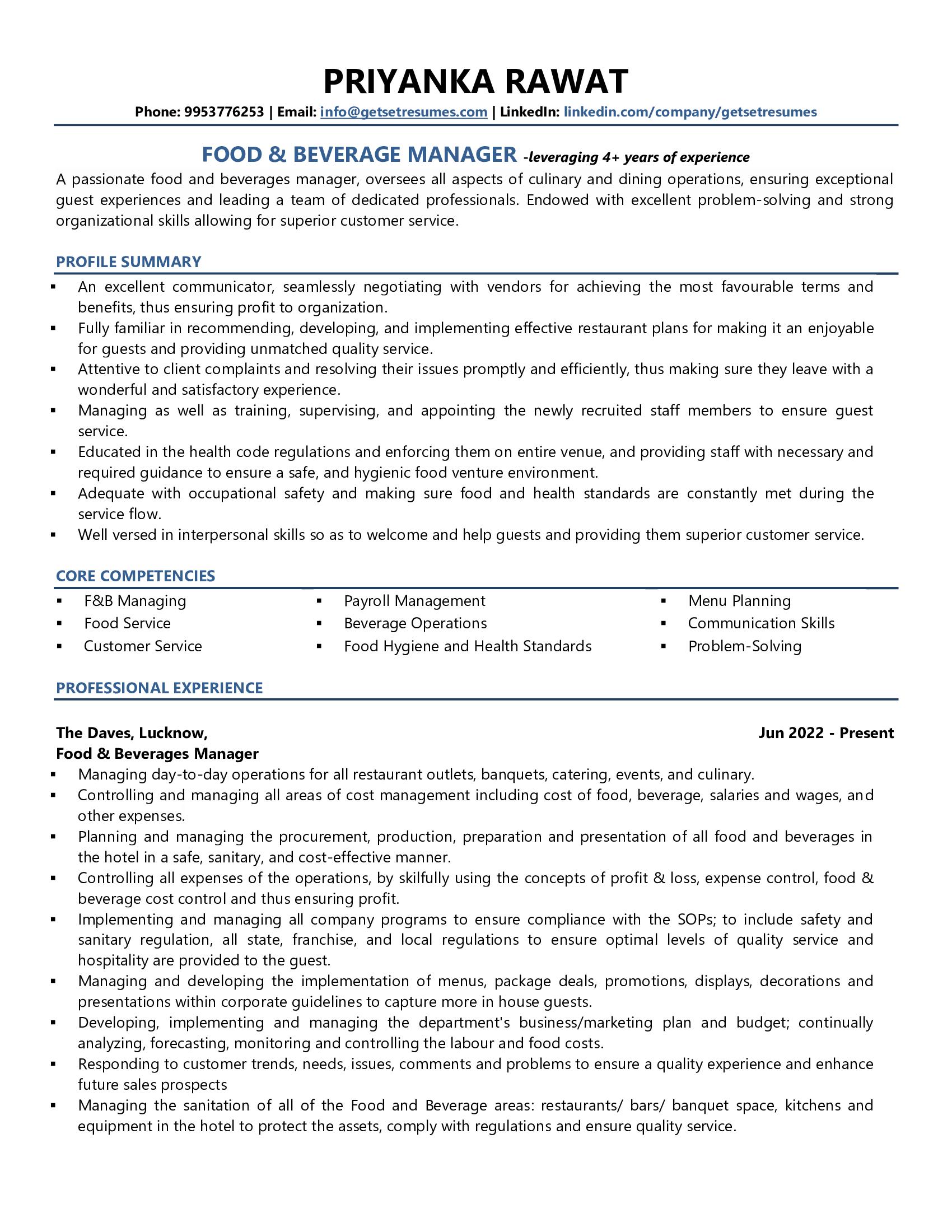 Food & Beverage (F&B) Manager - Resume Example & Template