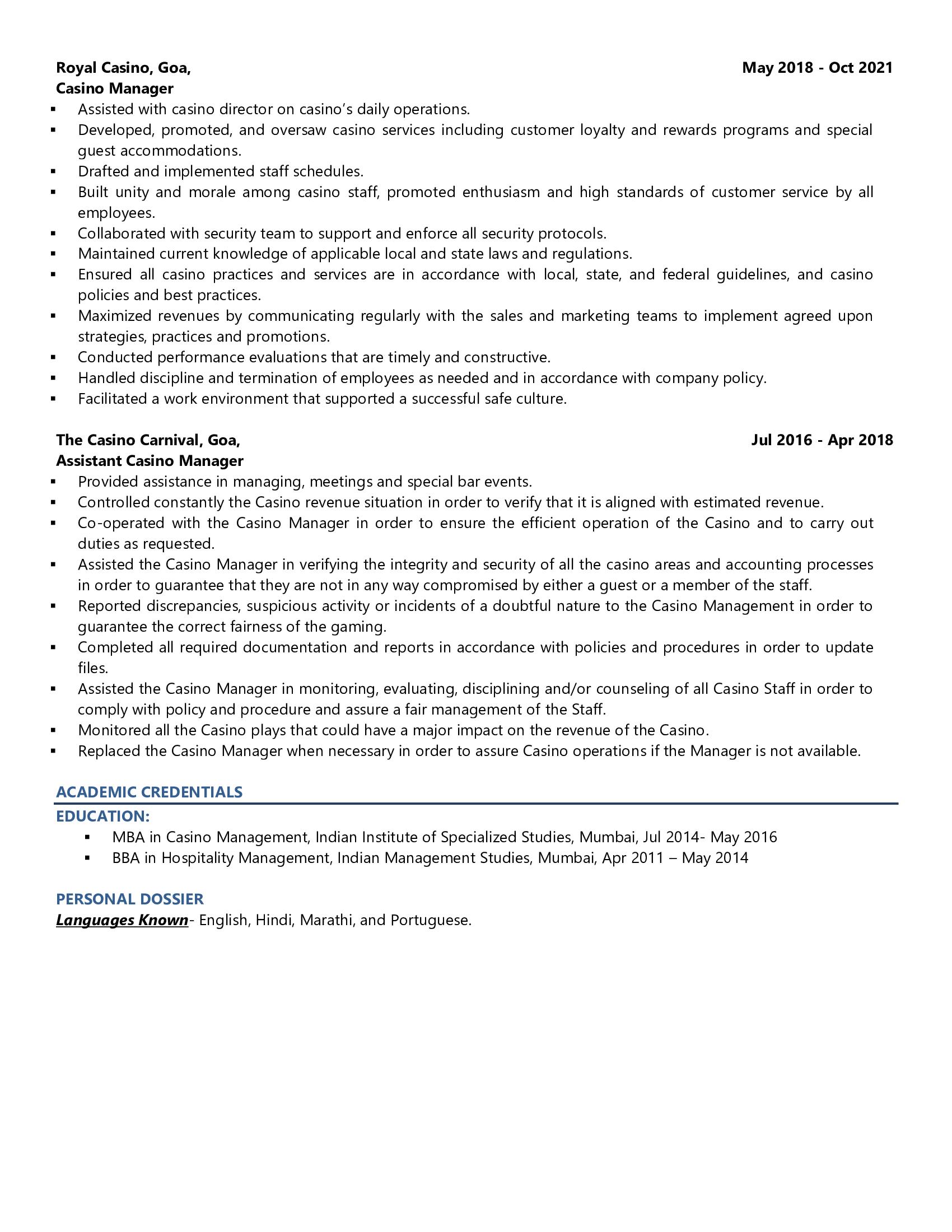 Casino Director - Resume Example & Template