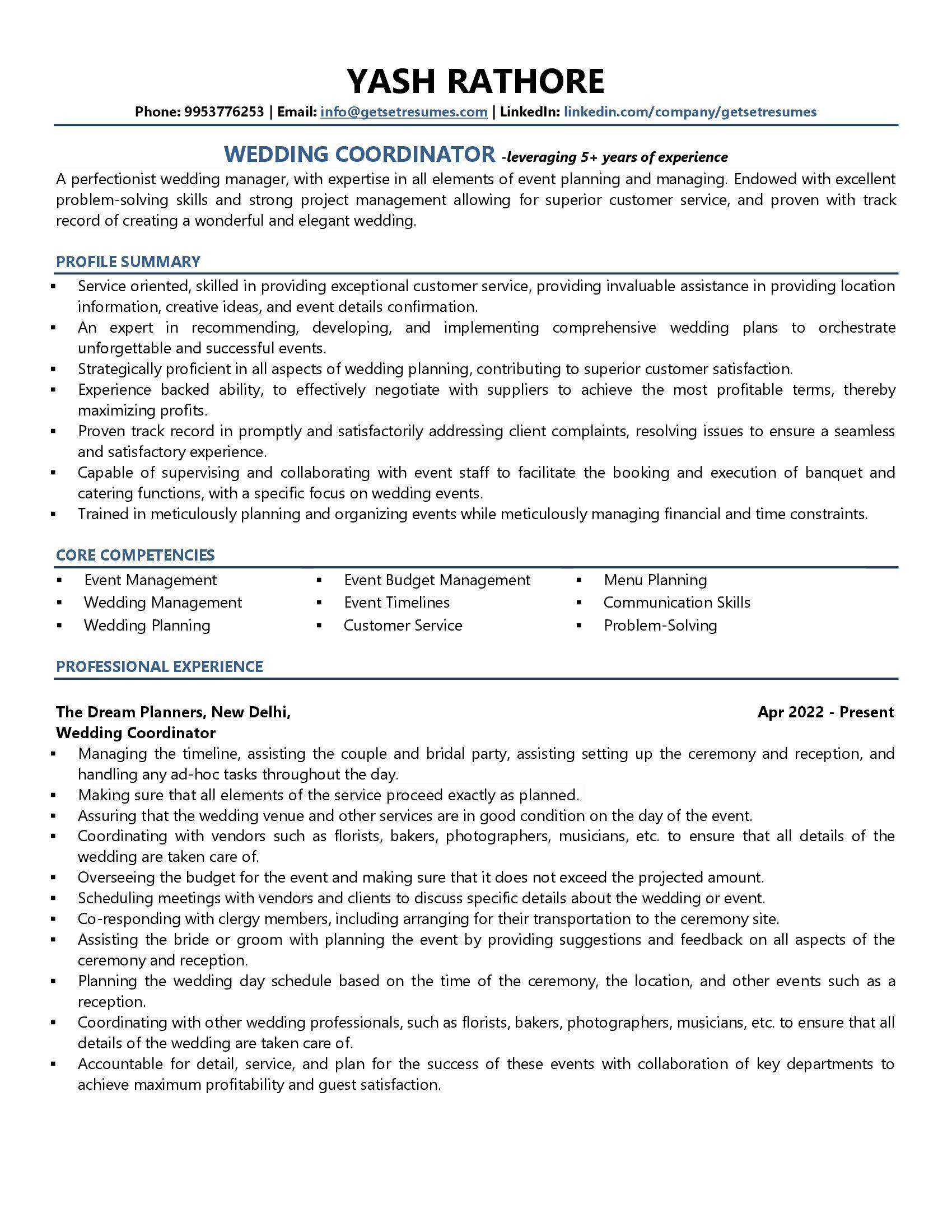 Wedding Coordinator - Resume Example & Template