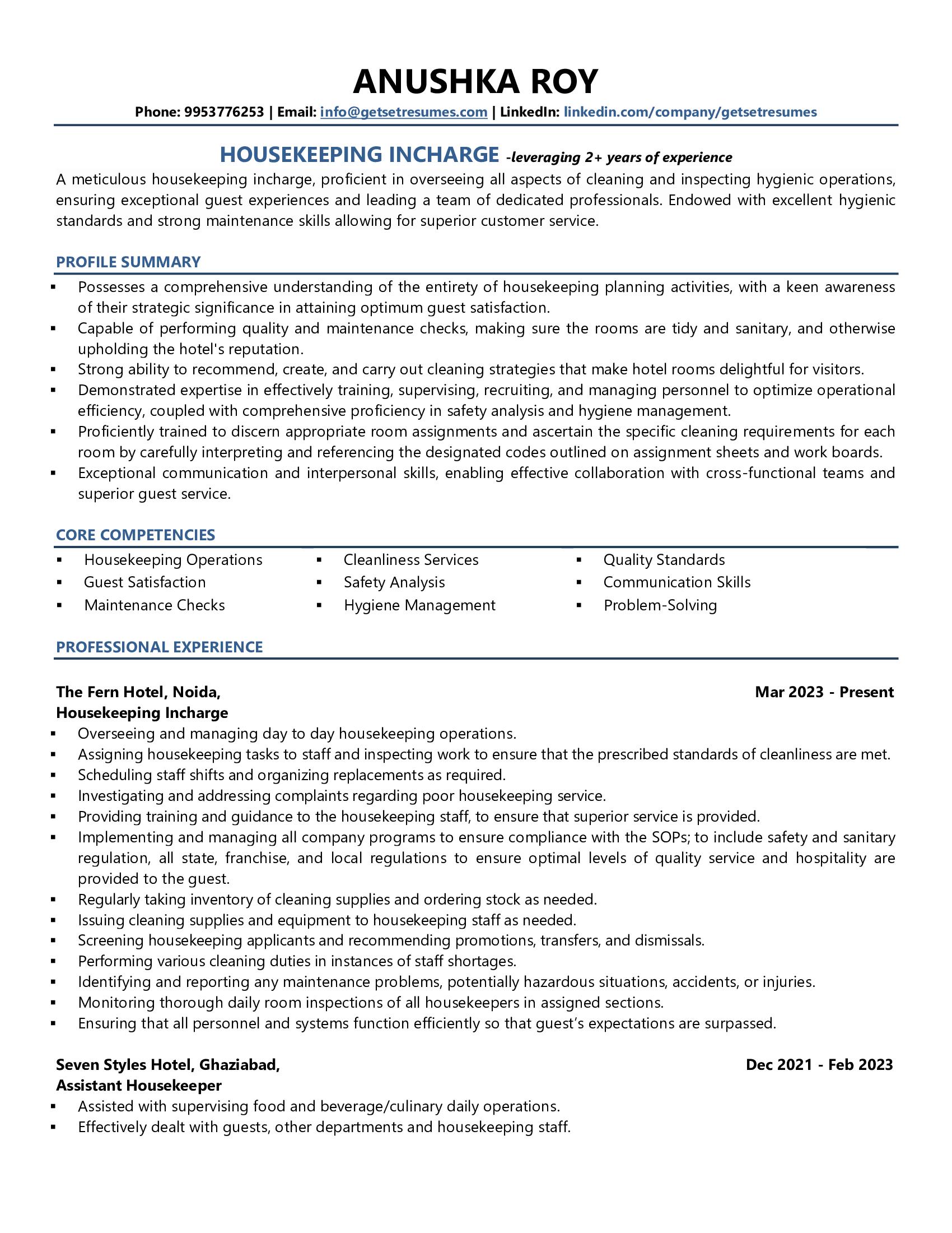 Housekeeping Incharge - Resume Example & Template