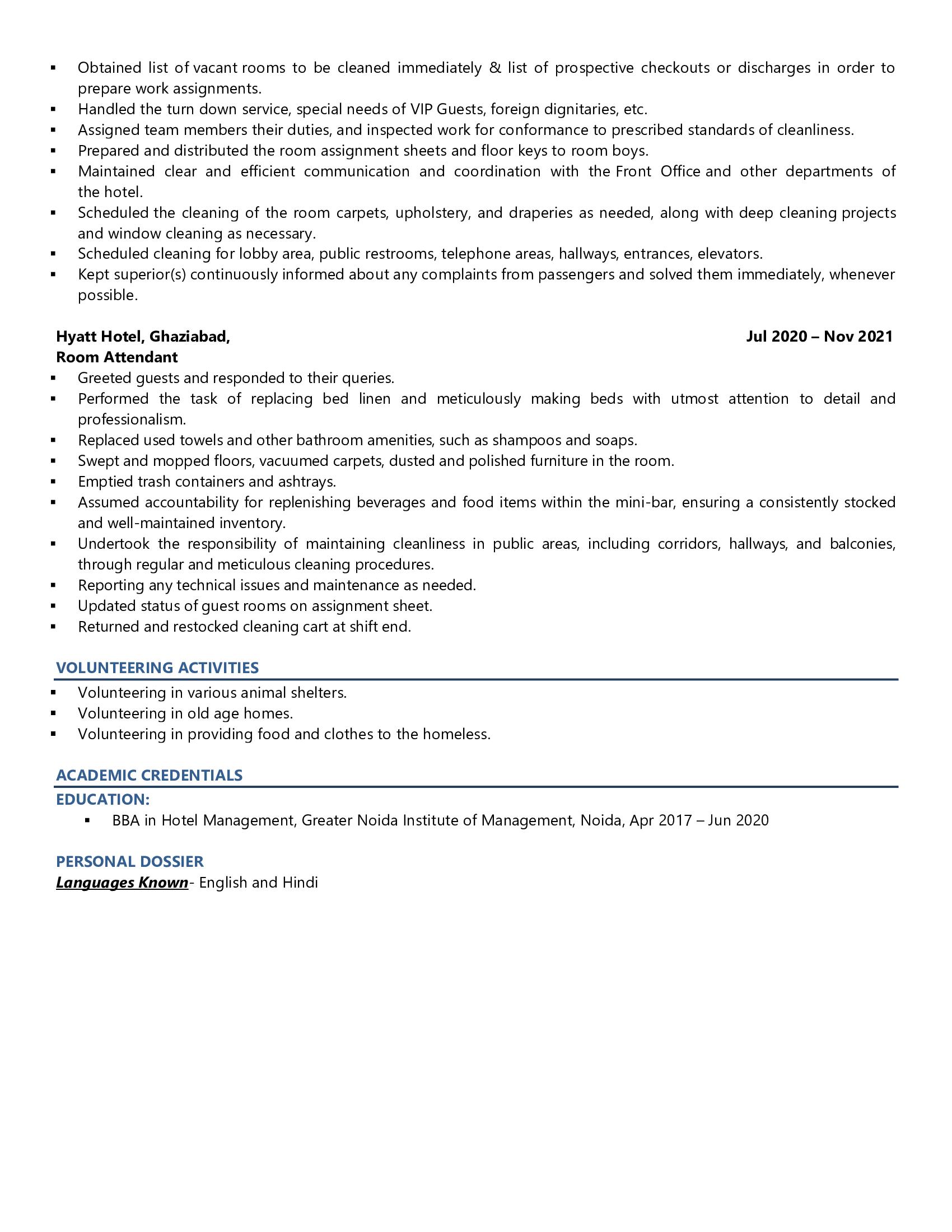 Housekeeping Incharge - Resume Example & Template