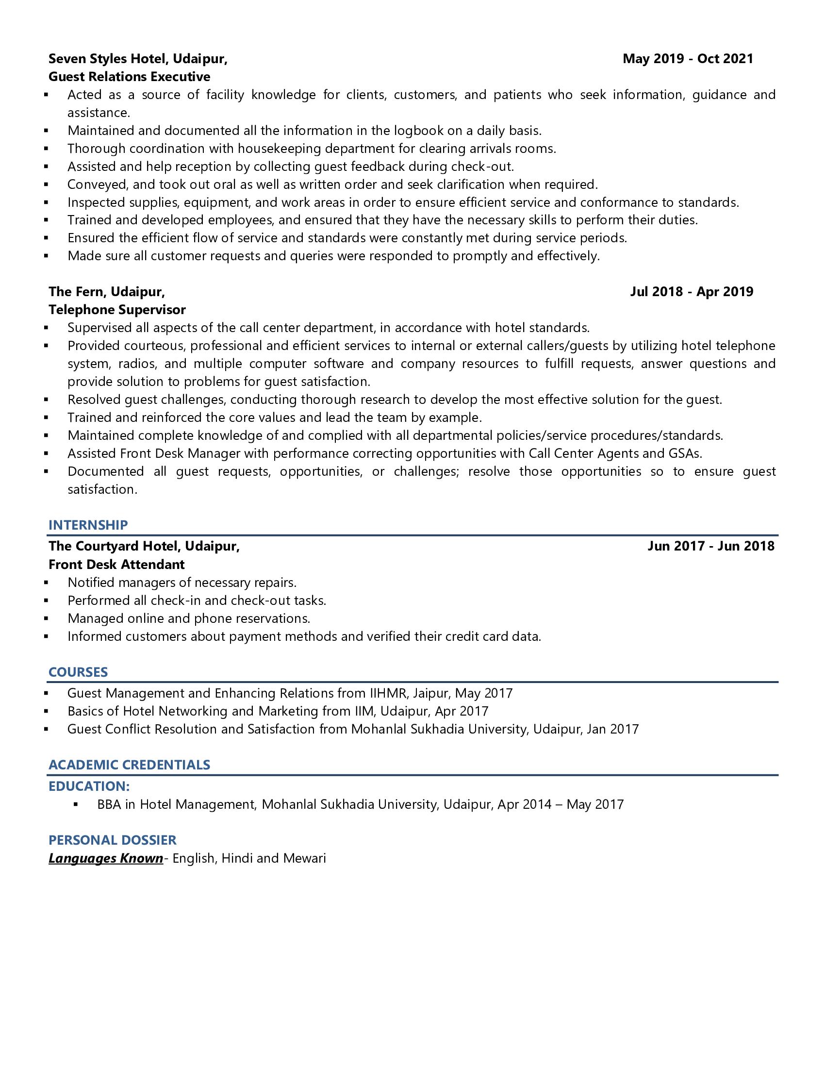 Guests Relations Manager - Resume Example & Template