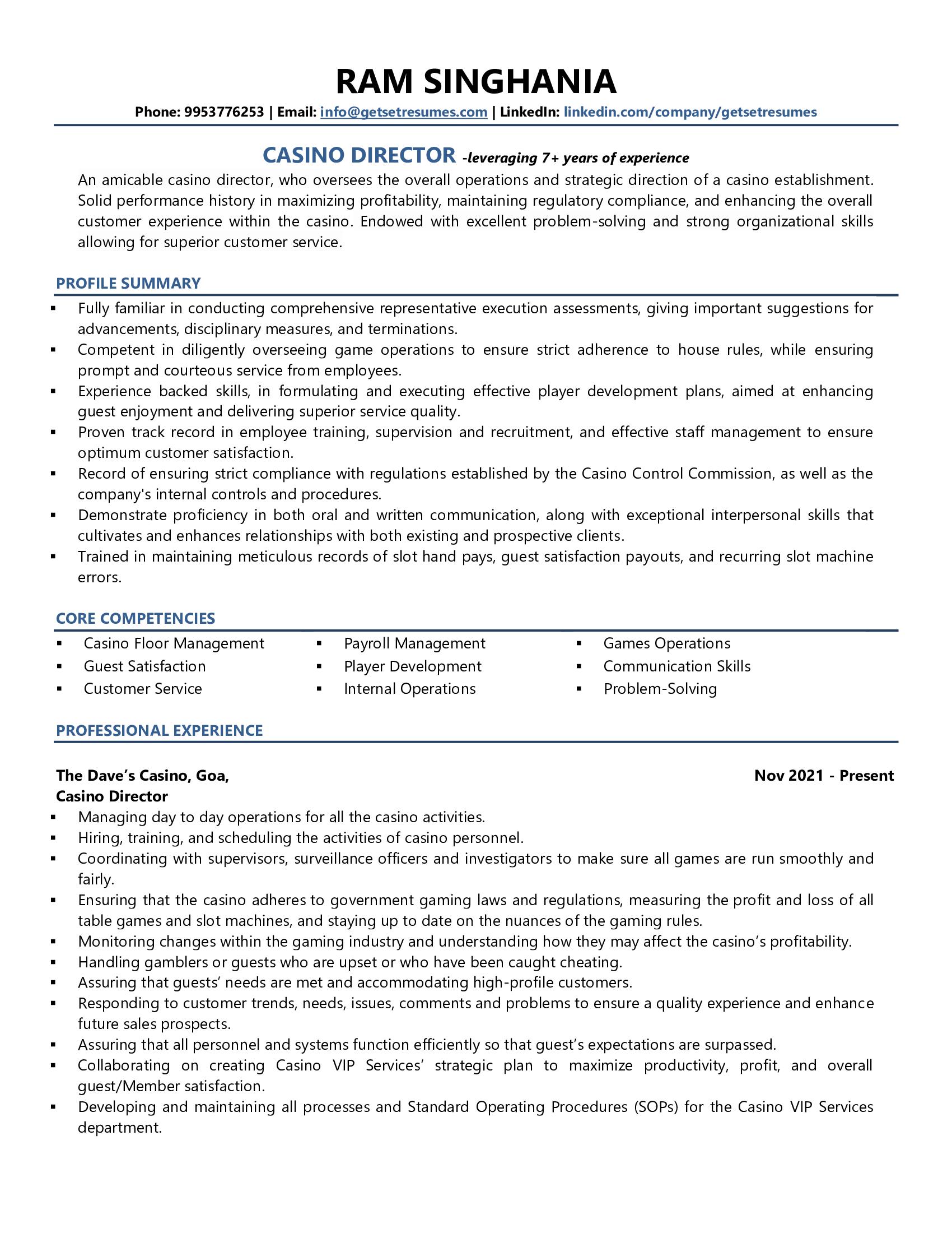 Casino Director - Resume Example & Template