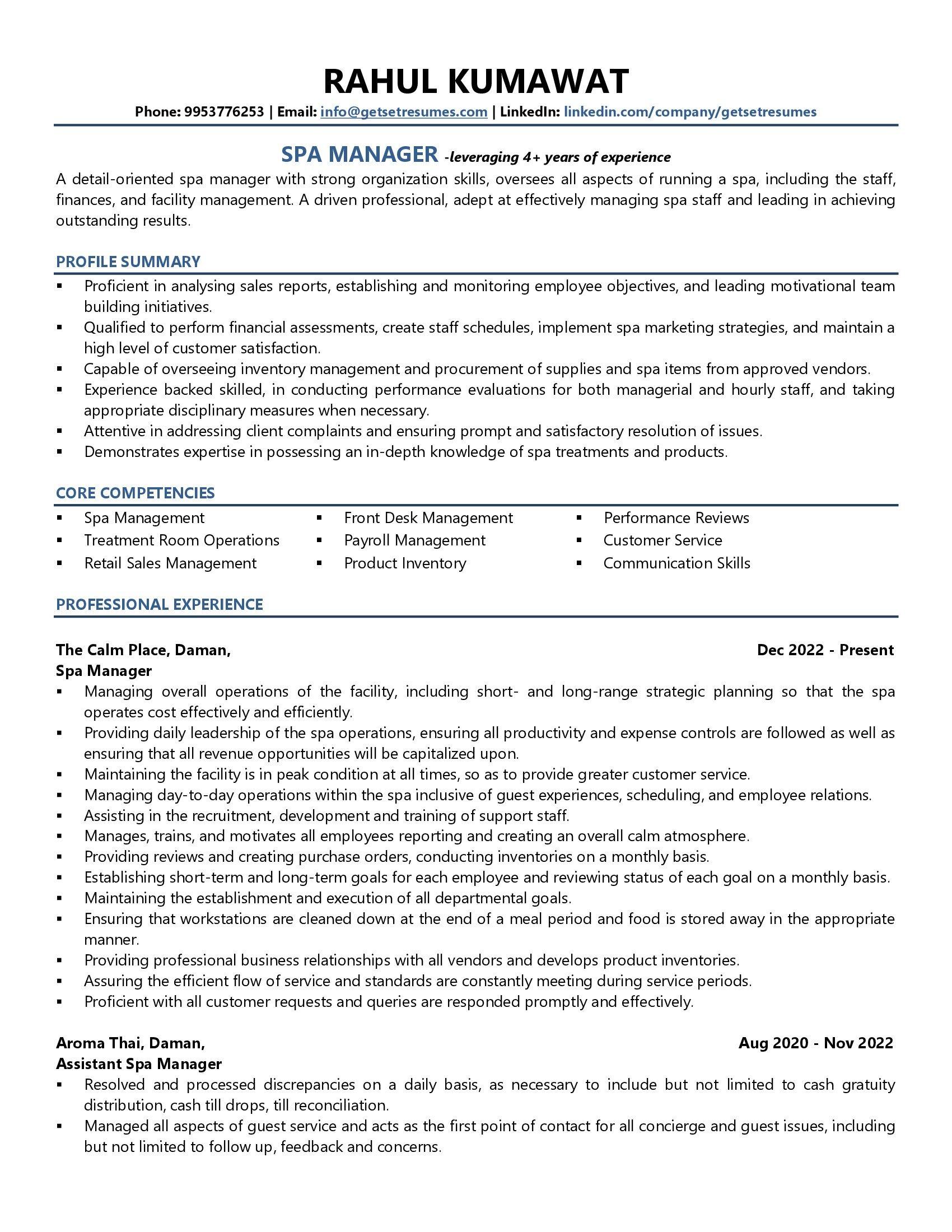 Spa Manager - Resume Example & Template