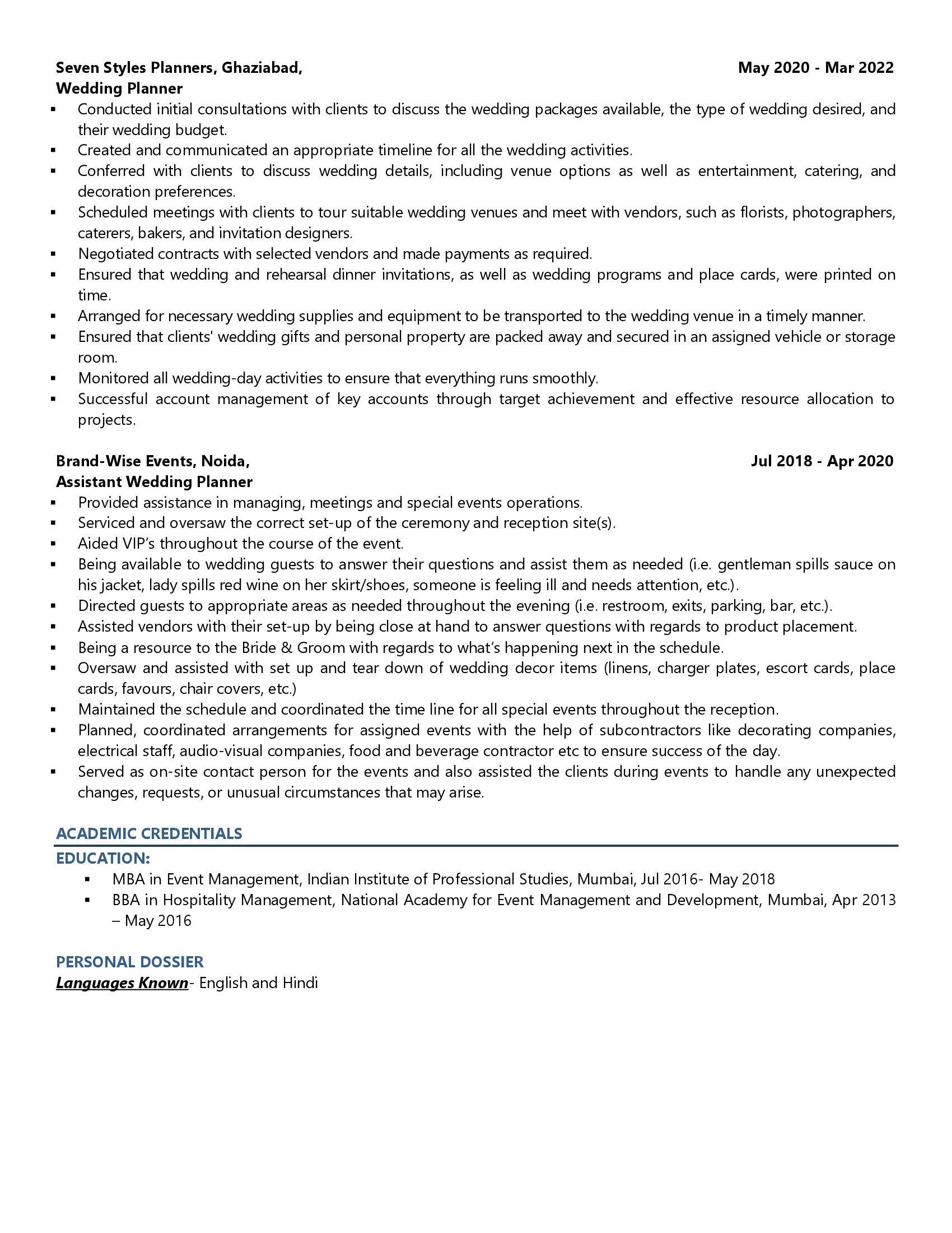 Wedding Coordinator - Resume Example & Template