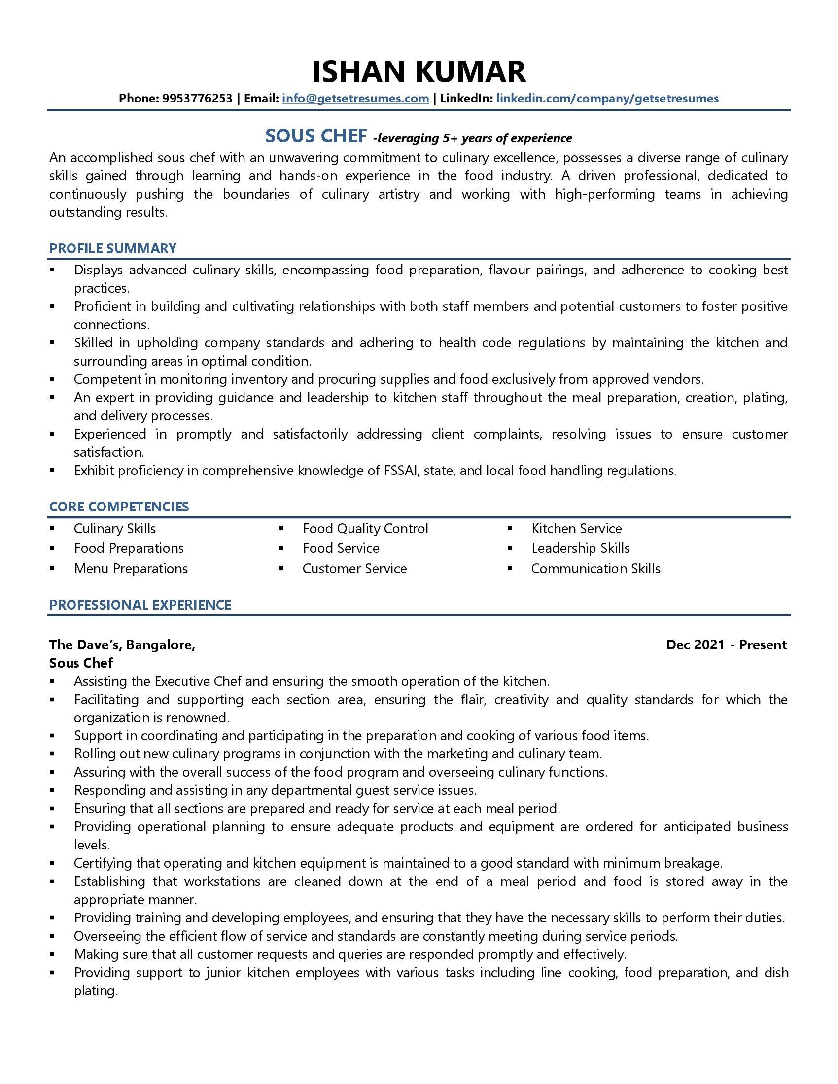 Sous Chef - Resume Example & Template