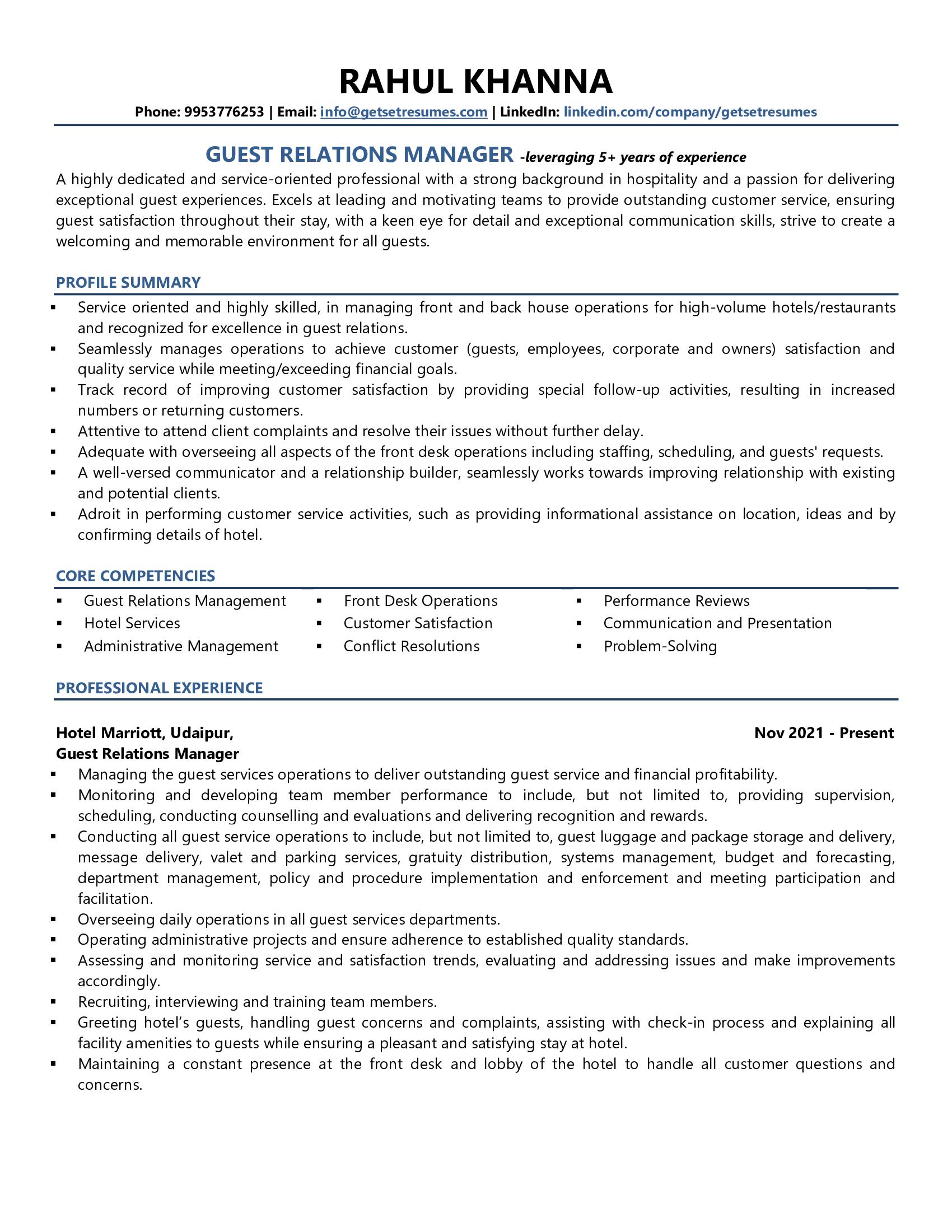 Guests Relations Manager - Resume Example & Template