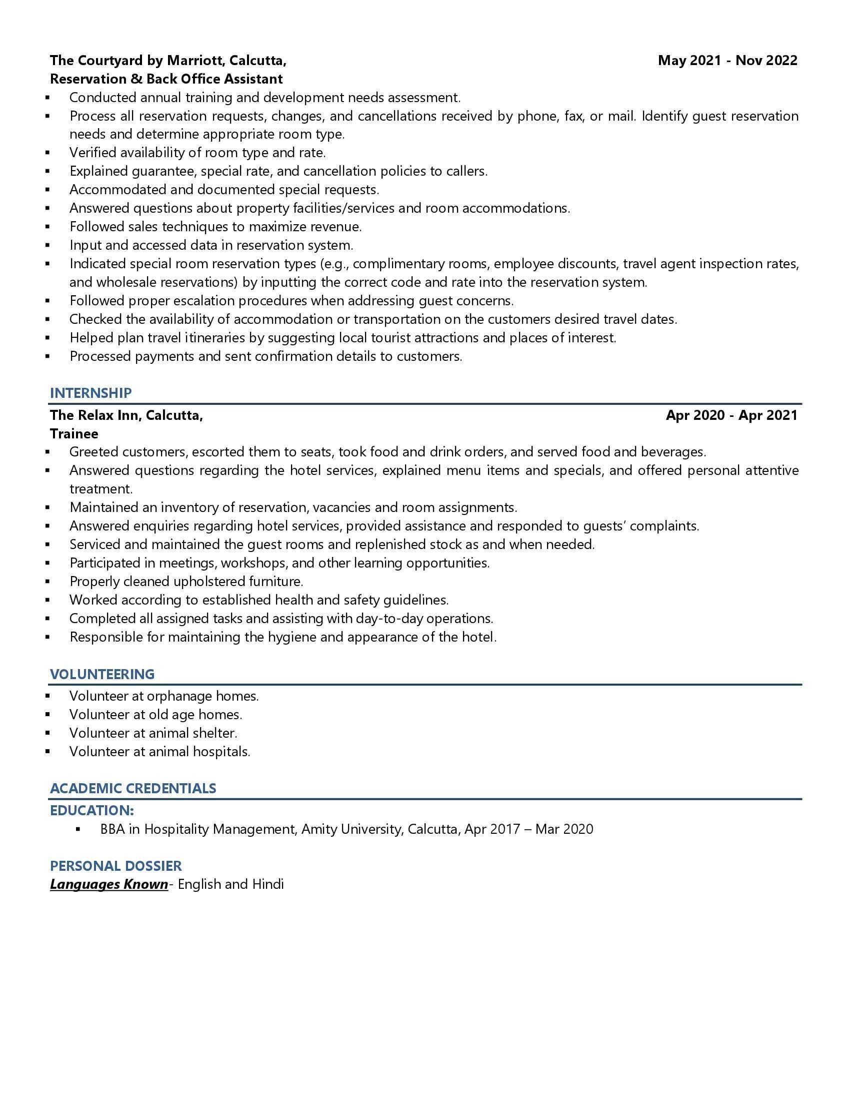 Reservation & Backoffice Executive - Resume Example & Template