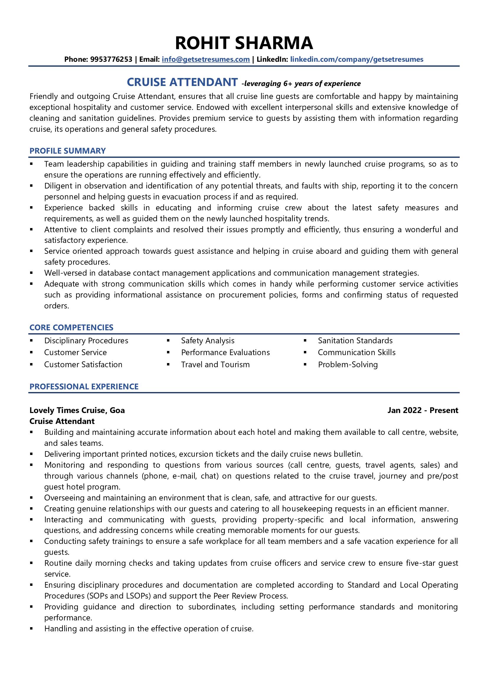 Cruise Ship Attendant - Resume Example & Template