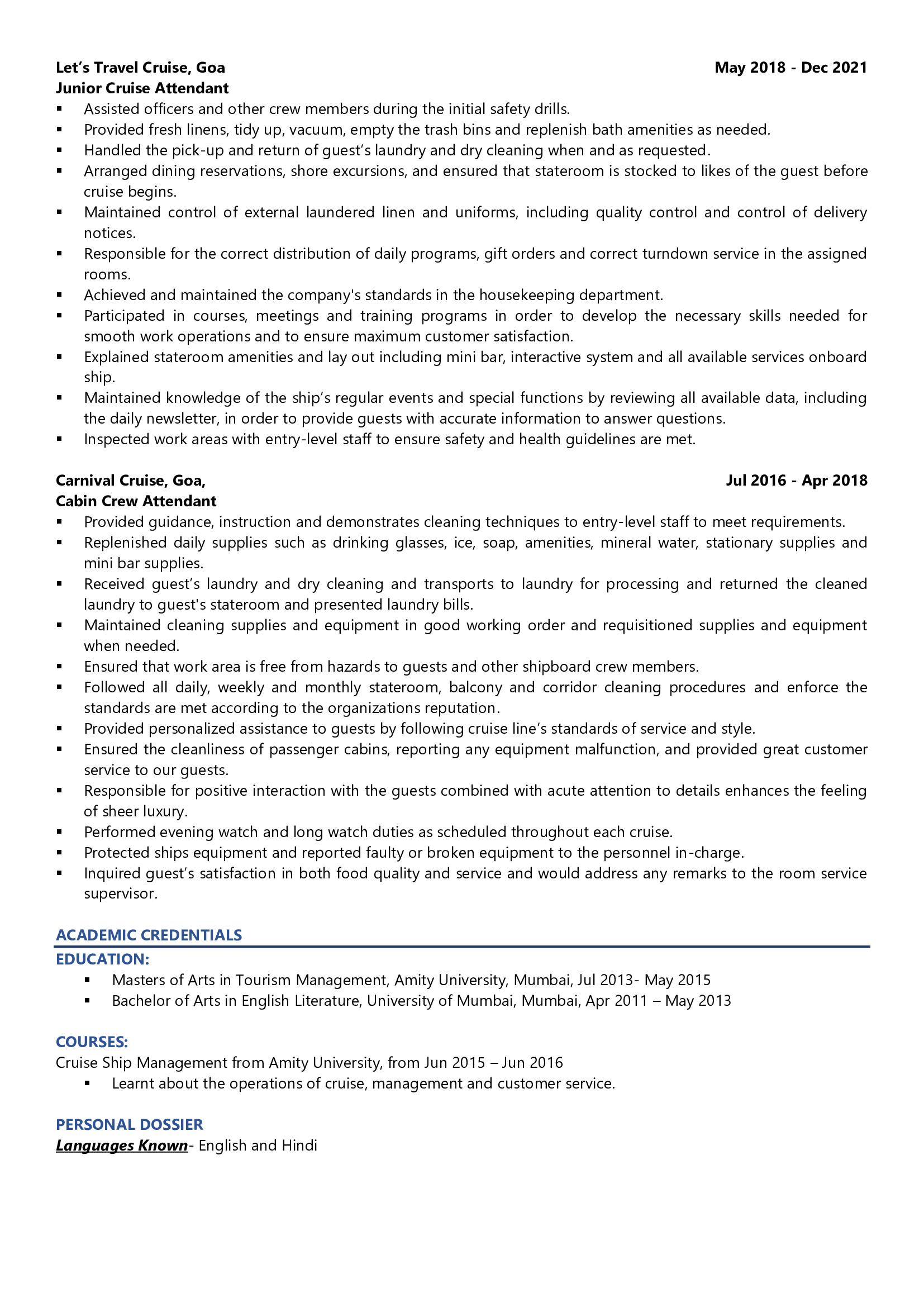 Cruise Ship Attendant - Resume Example & Template