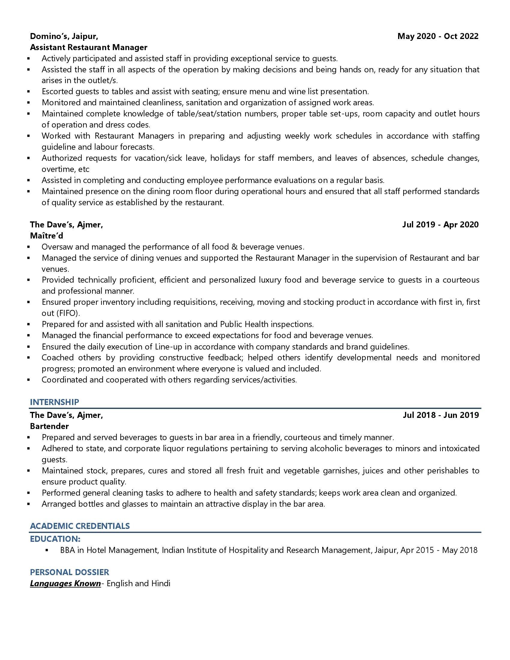 Restaurant Manager - Resume Example & Template