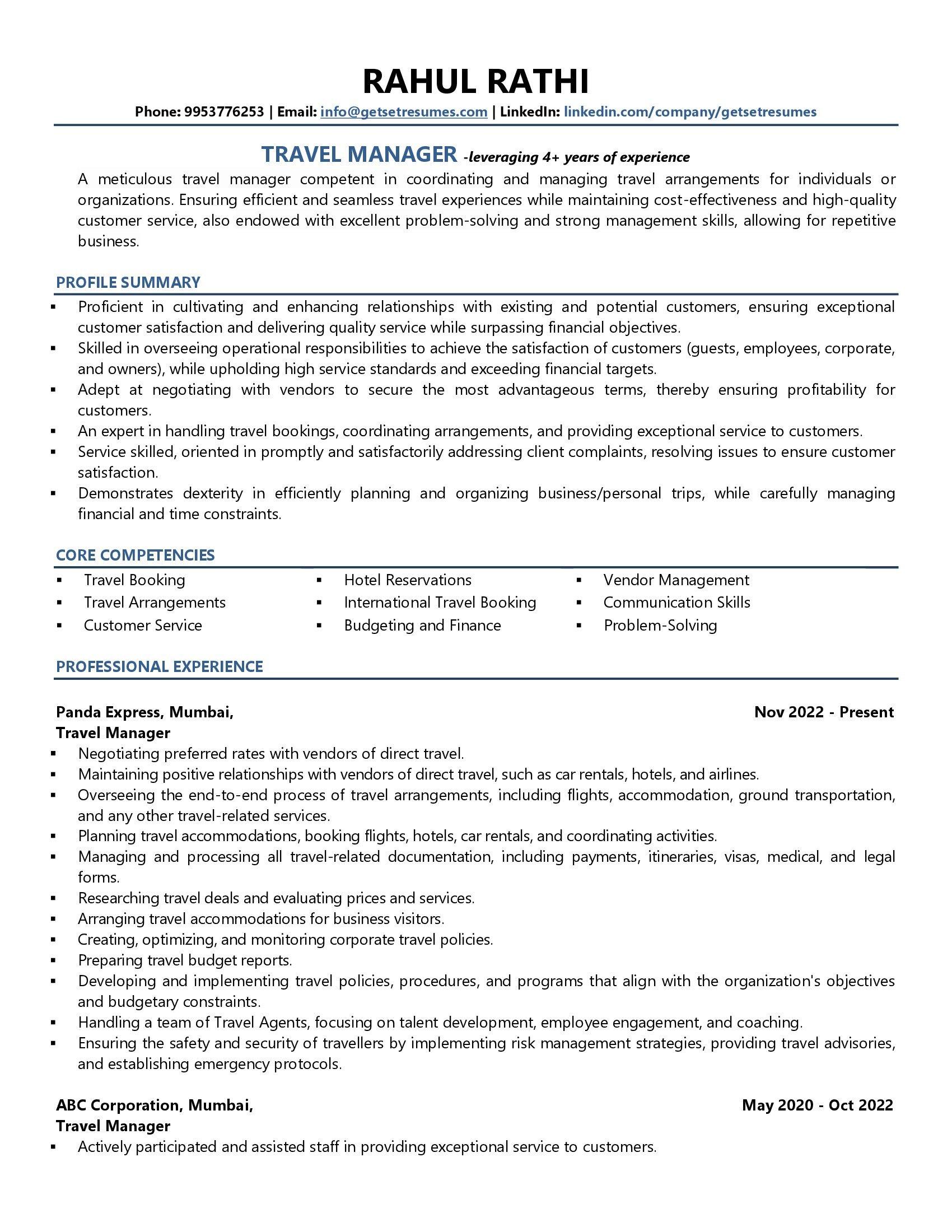 Travel Manager - Resume Example & Template