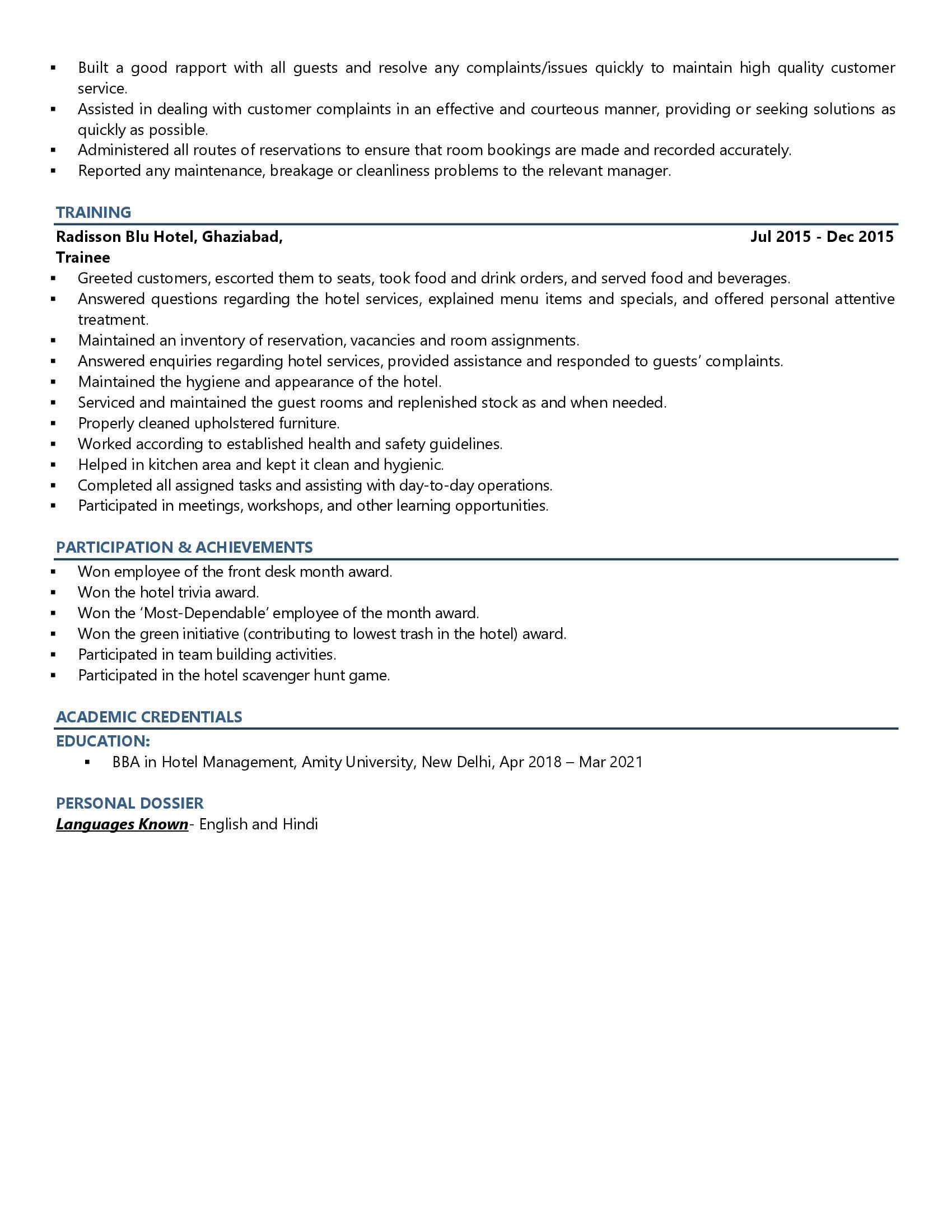 Hotel Receptionist - Resume Example & Template
