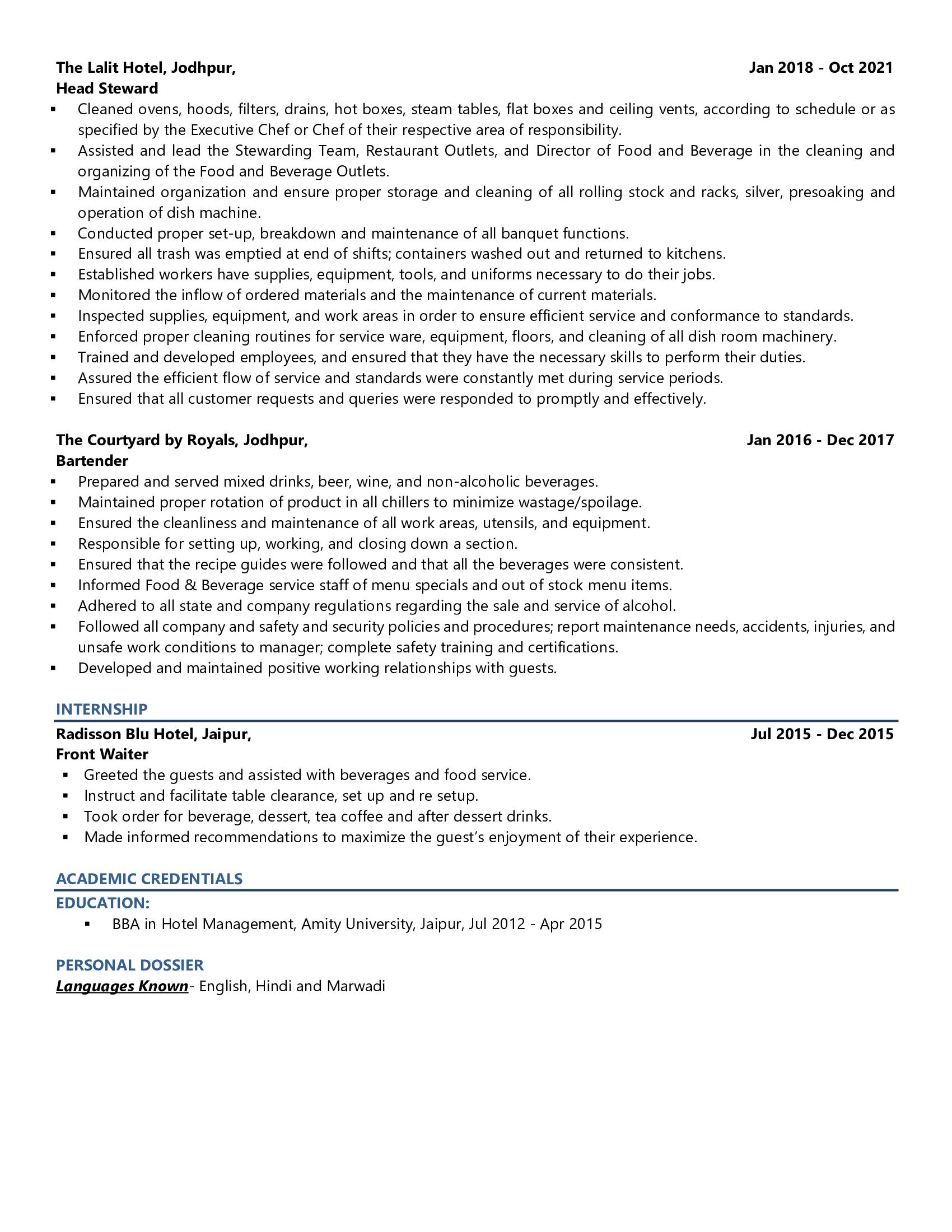 FOH Manager - Resume Example & Template