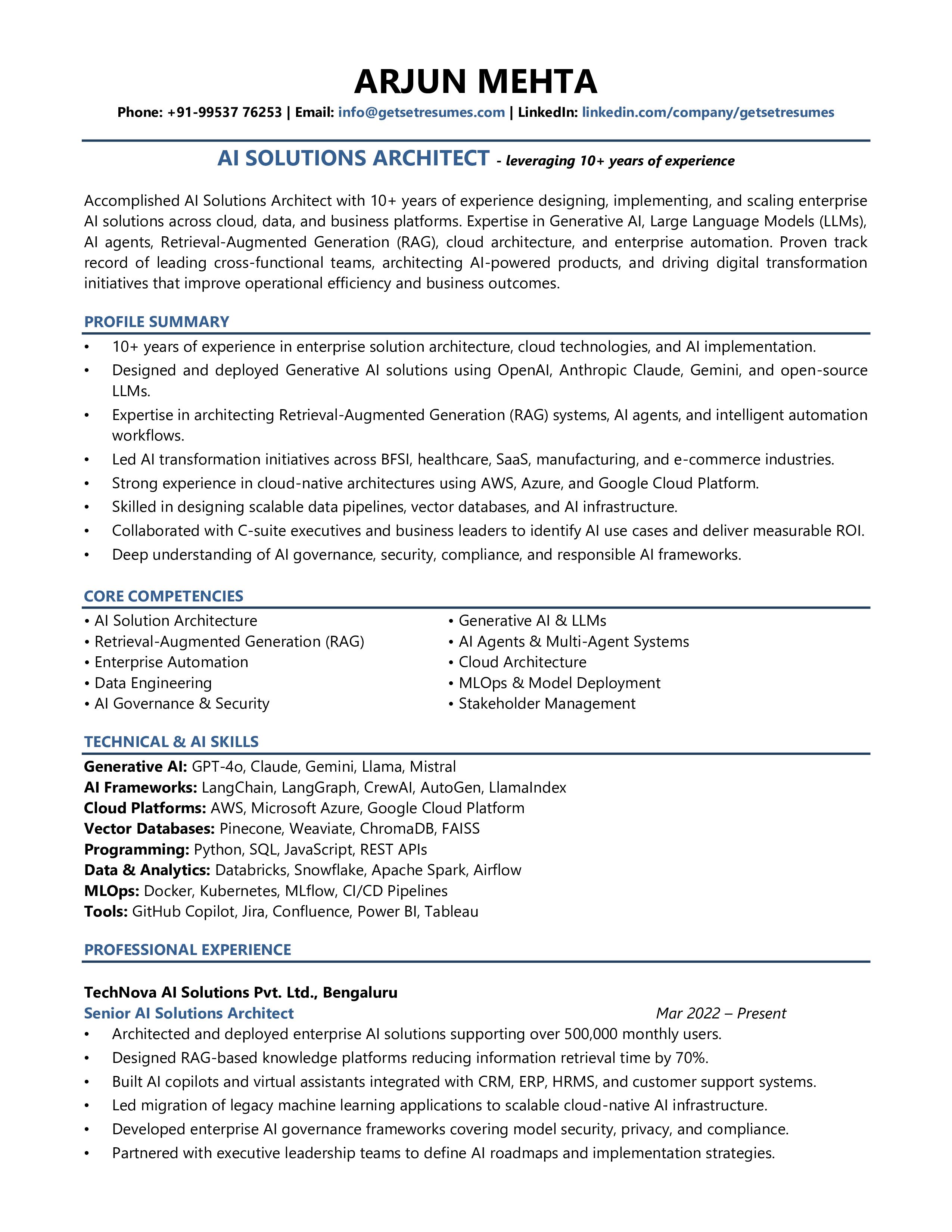 AI Solutions Architect - Resume Example & Template