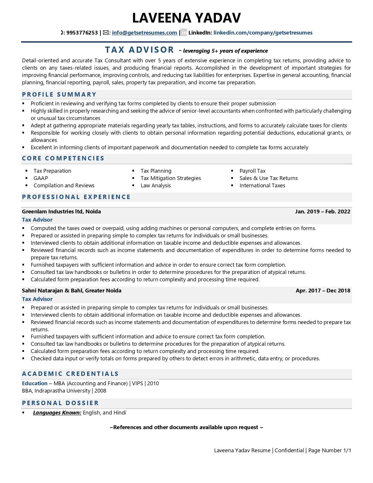 Tax Advisor - Resume Example & Template