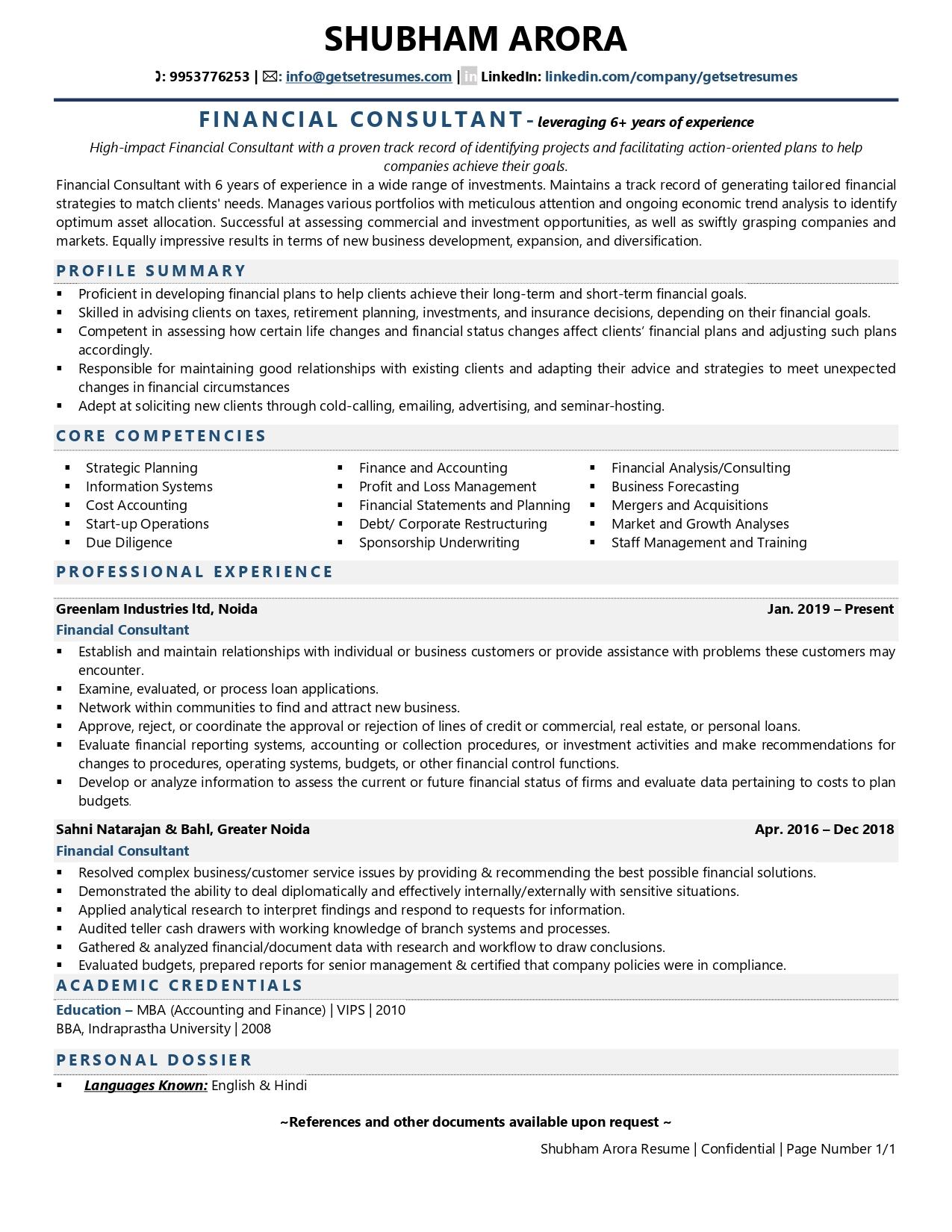 Financial Consultant - Resume Example & Template