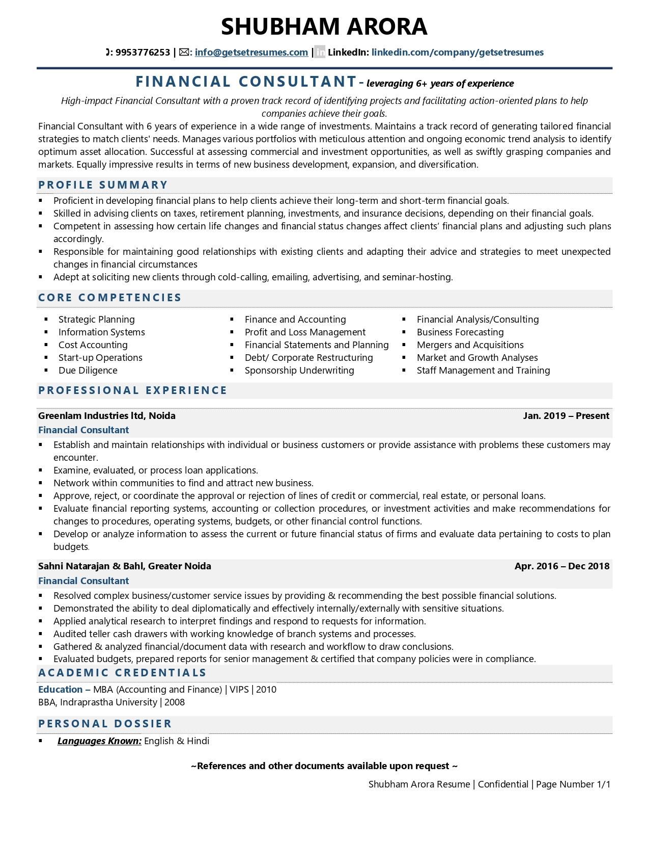 financial consultant job description resume