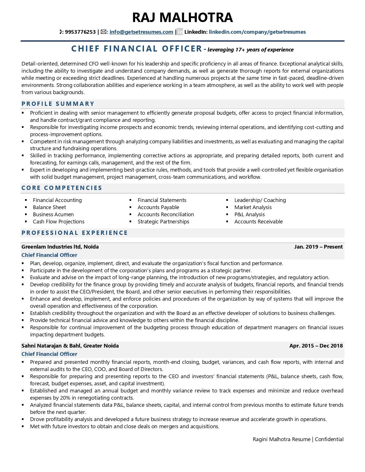 resume objective examples for cfo