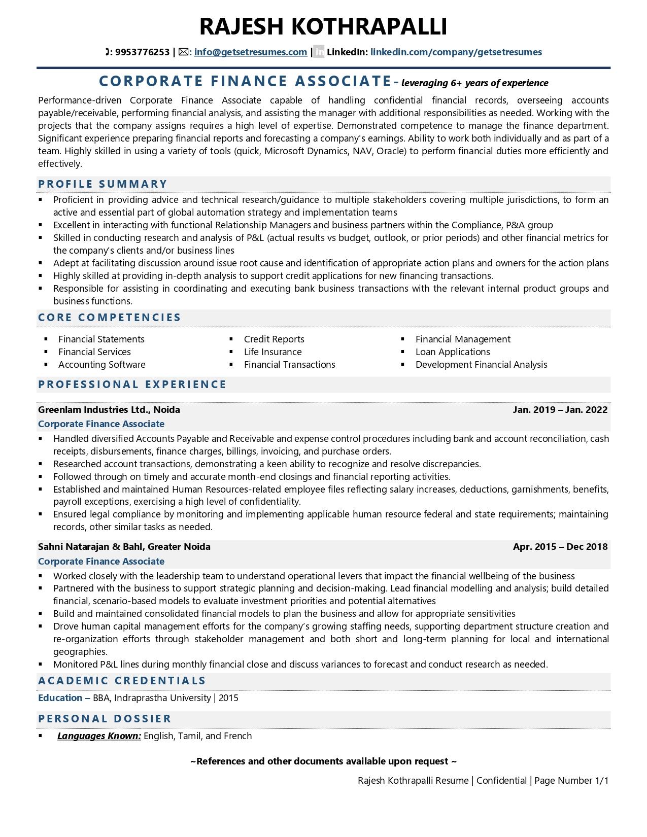 Corporate Finance - Associate - Resume Example & Template