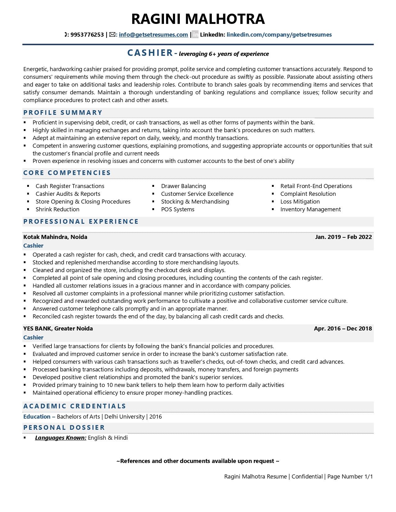 Cashier - Resume Example & Template