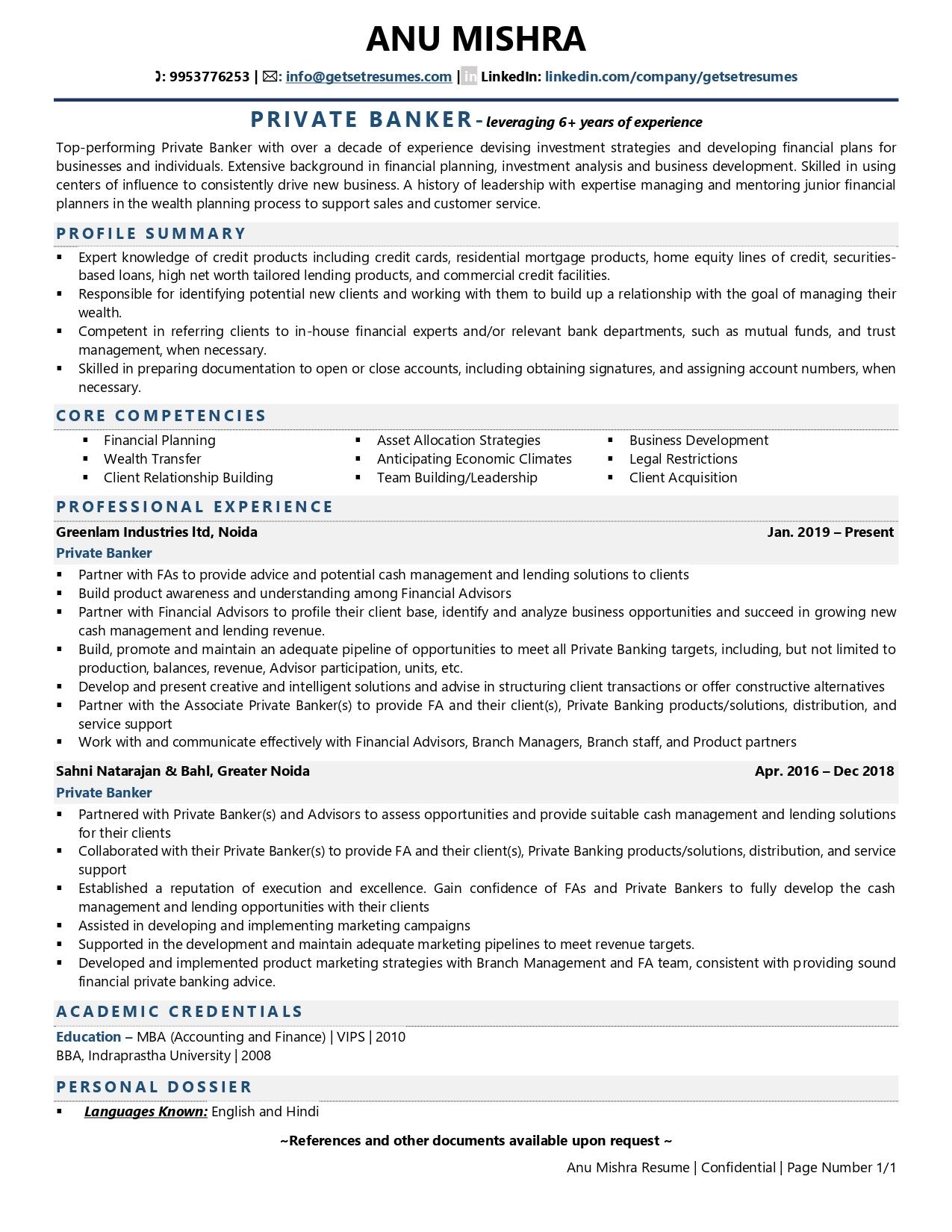Wealth Management / Private Banker - Resume Example & Template