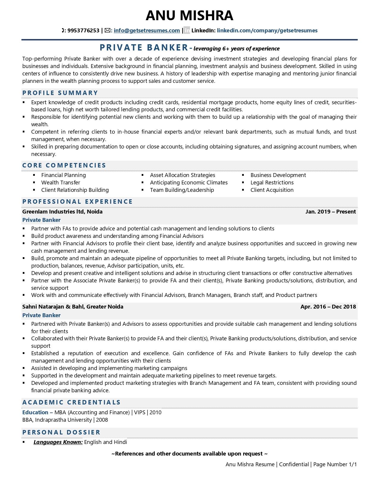 wealth management resume examples