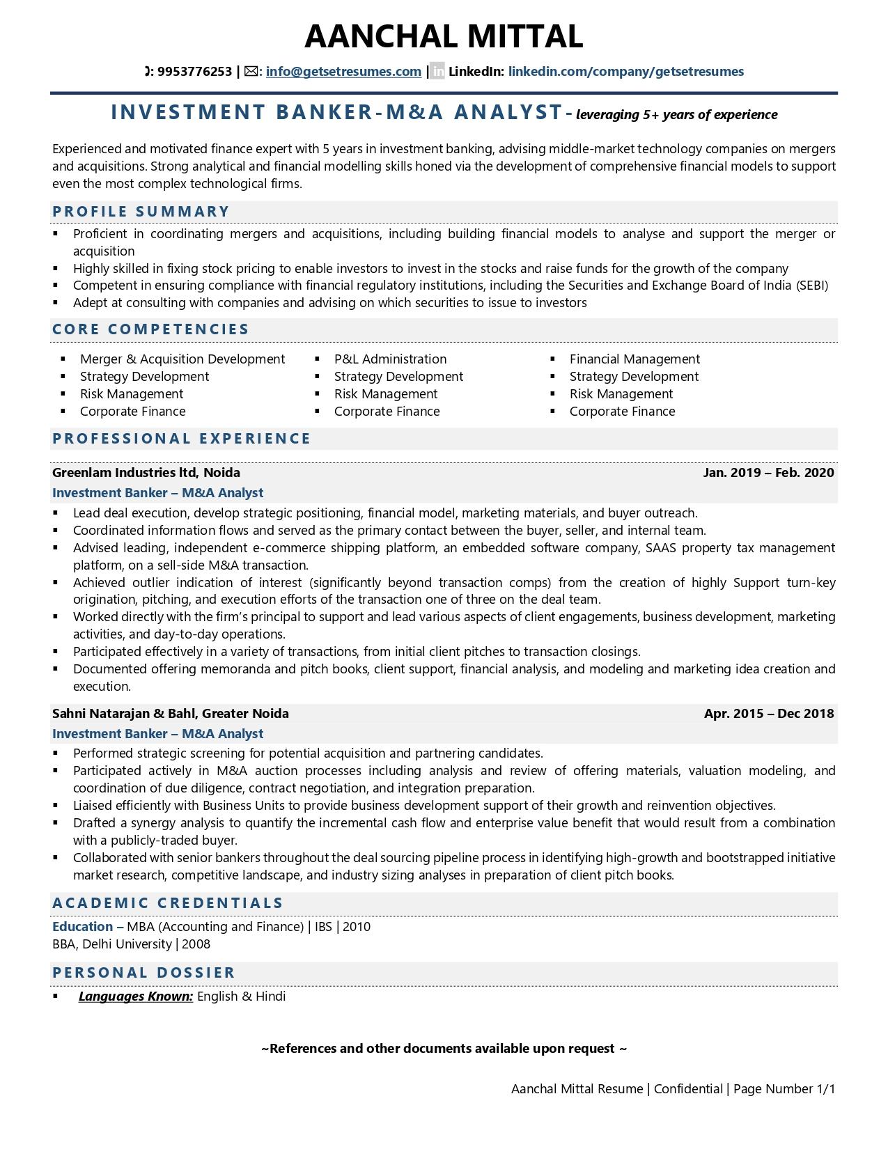 Investment Banker & M&A Analyst - Resume Example & Template