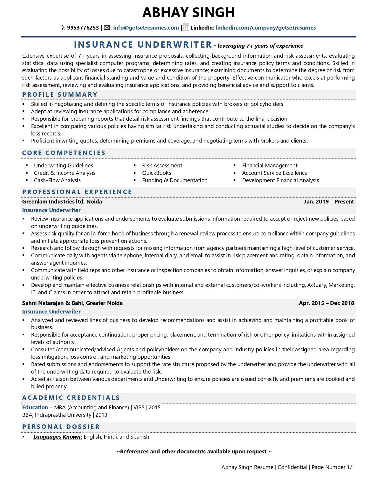 sample resume for underwriter position