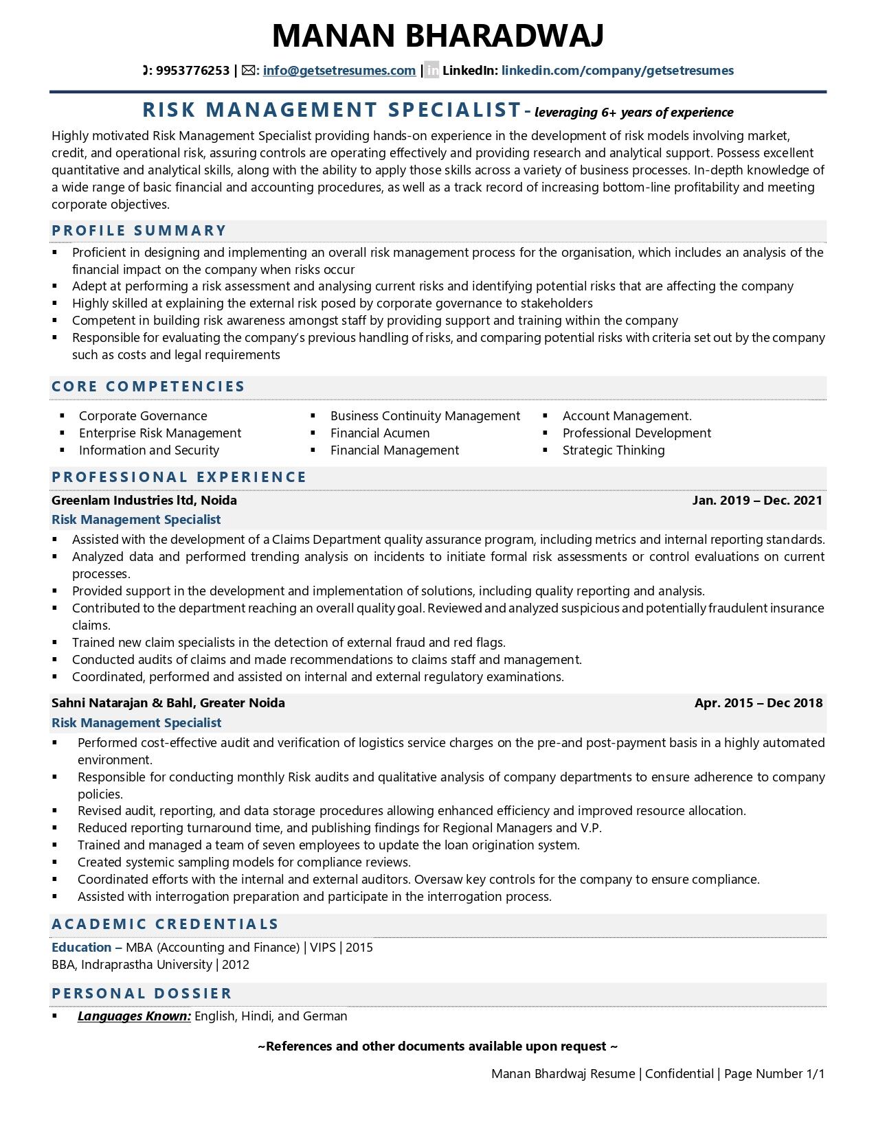 Risk Management Specialist - Resume Example & Template