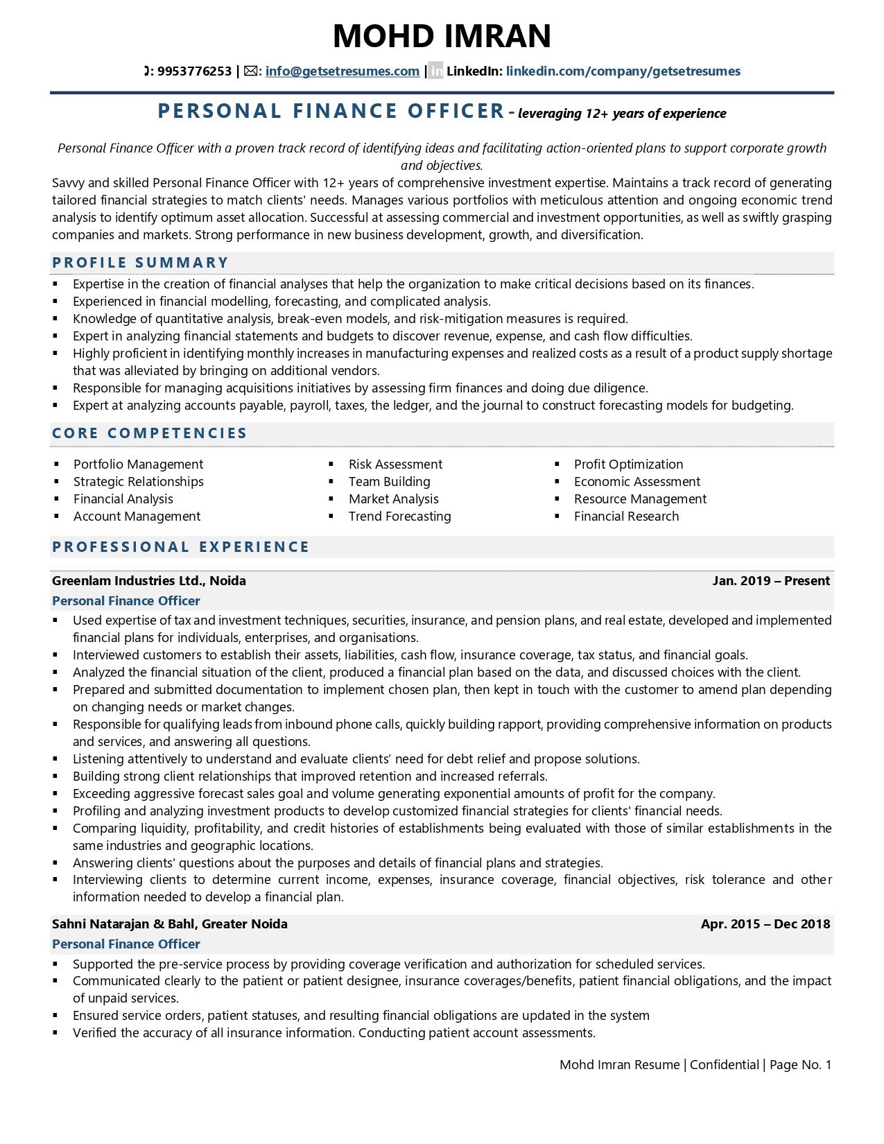 Personal Finance Officer - Resume Example & Template