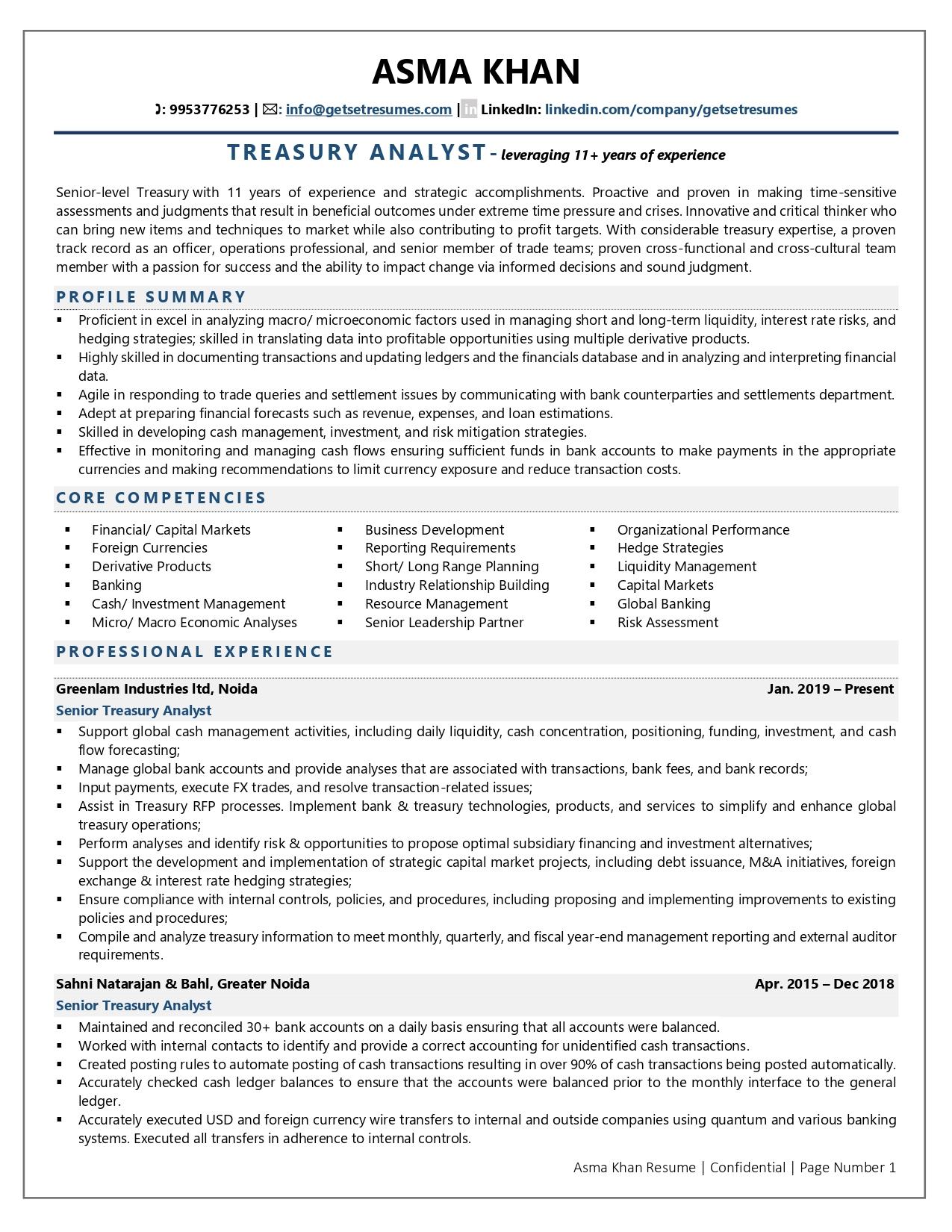 Treasury Analyst - Resume Example & Template