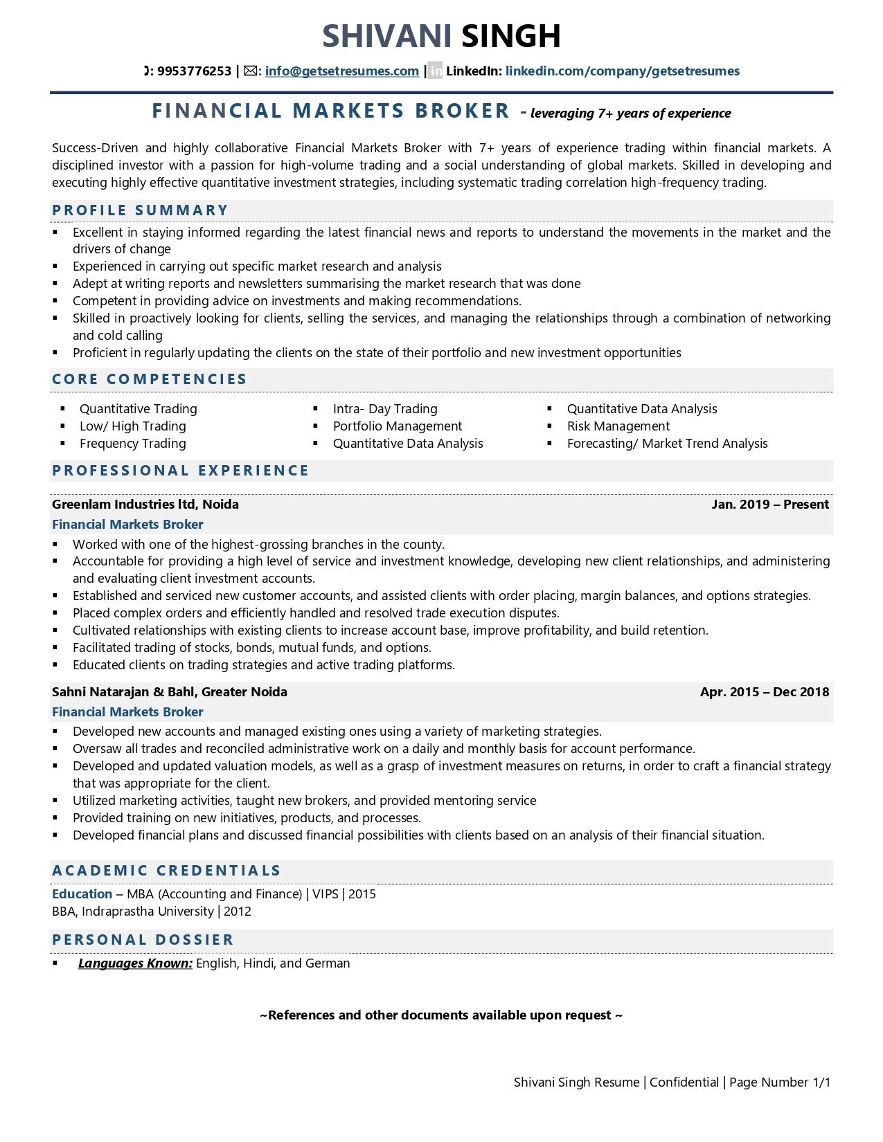 Financial Markets Broker - Resume Example & Template