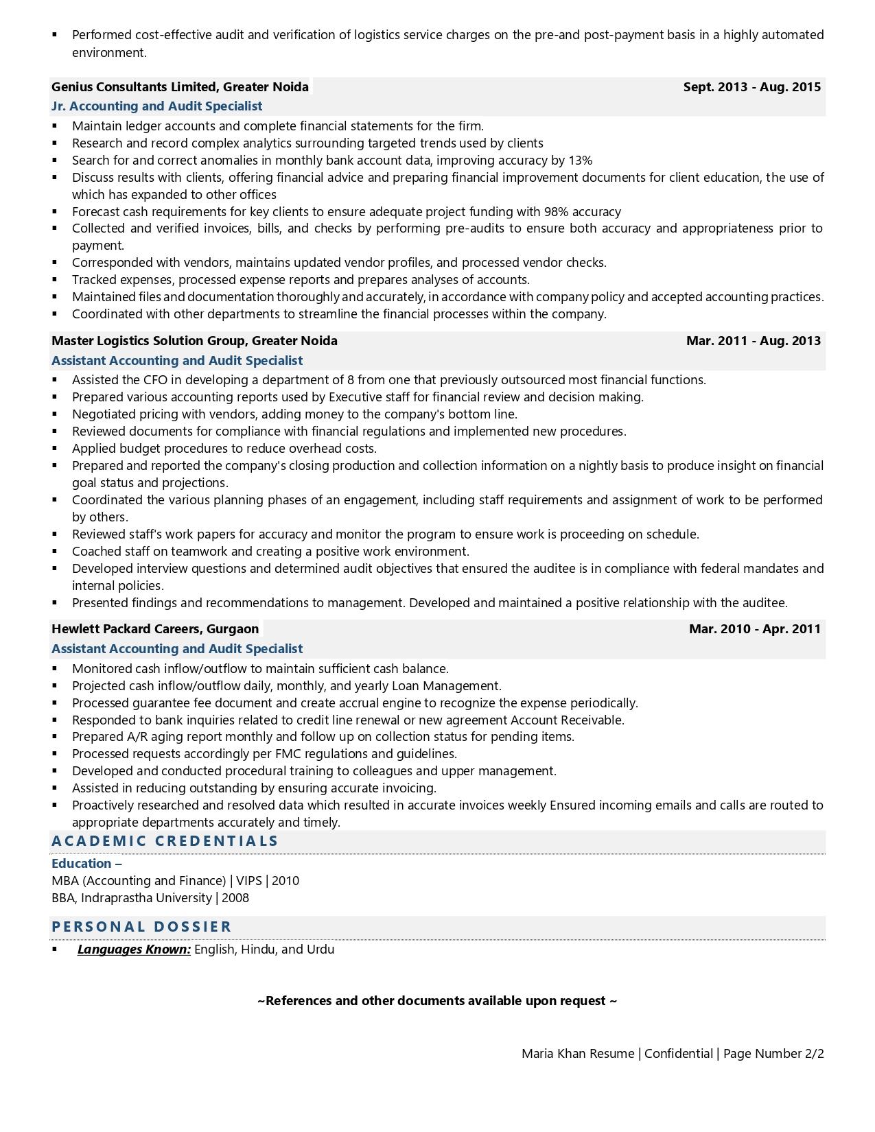 Accounting and Audit Specialist - Resume Example & Template