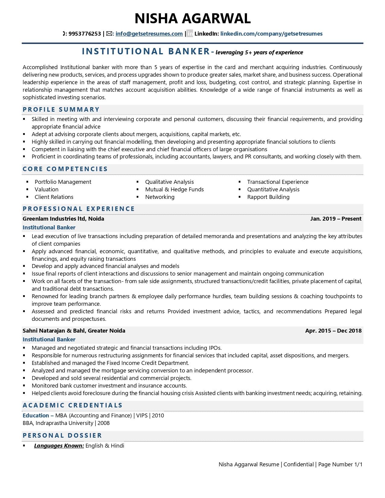 Institutional Banker - Resume Example & Template
