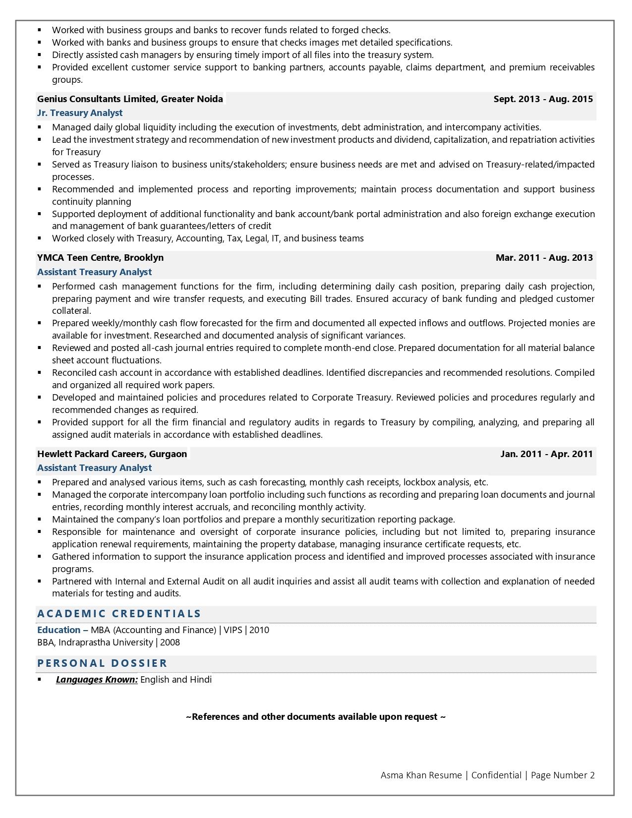 Treasury Analyst - Resume Example & Template