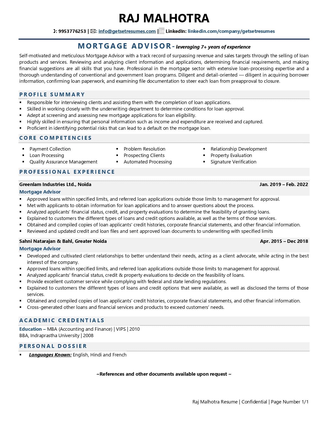 Mortgage Advisor - Resume Example & Template