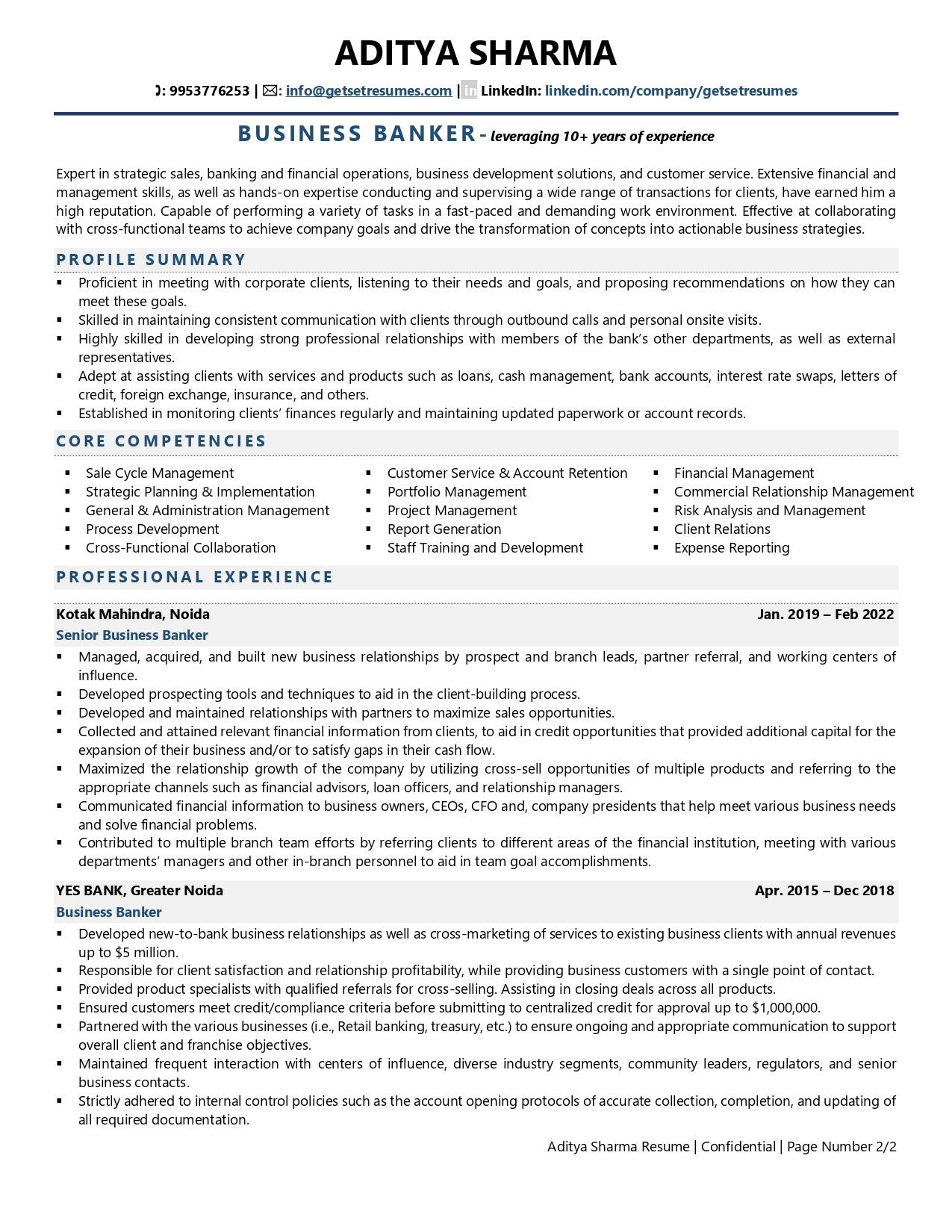 sample resume business banking relationship manager