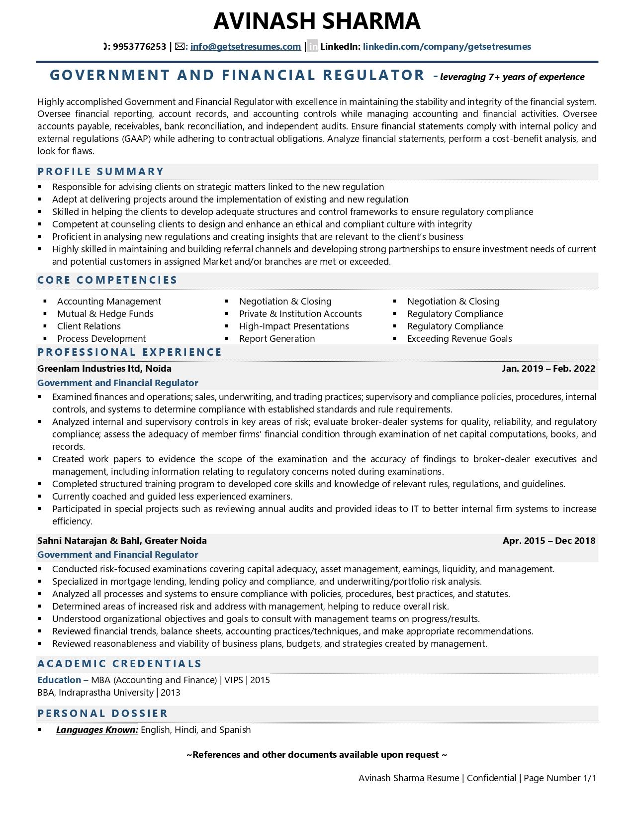 Government & Financial Regulator - Resume Example & Template