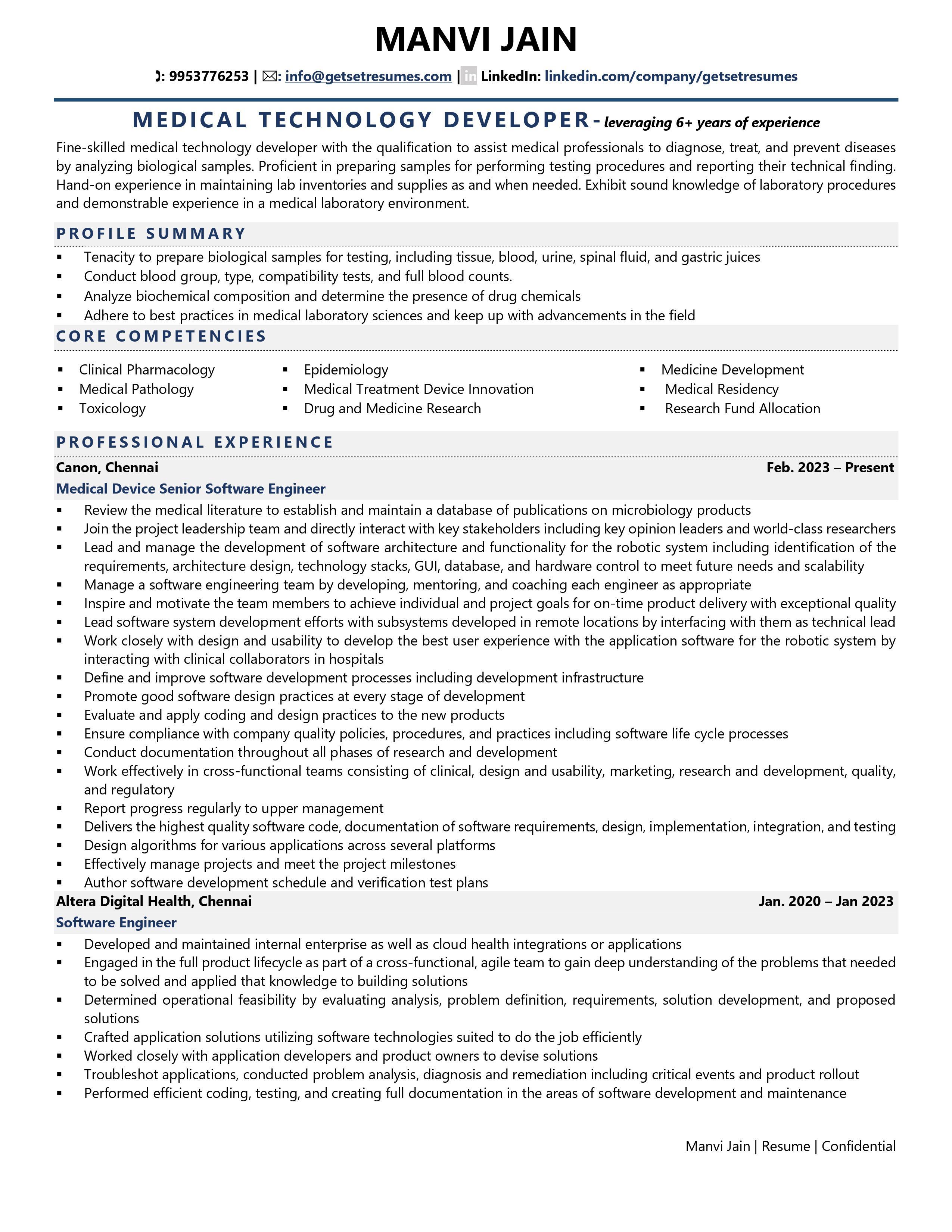 Medical Technology Developer - Resume Example & Template