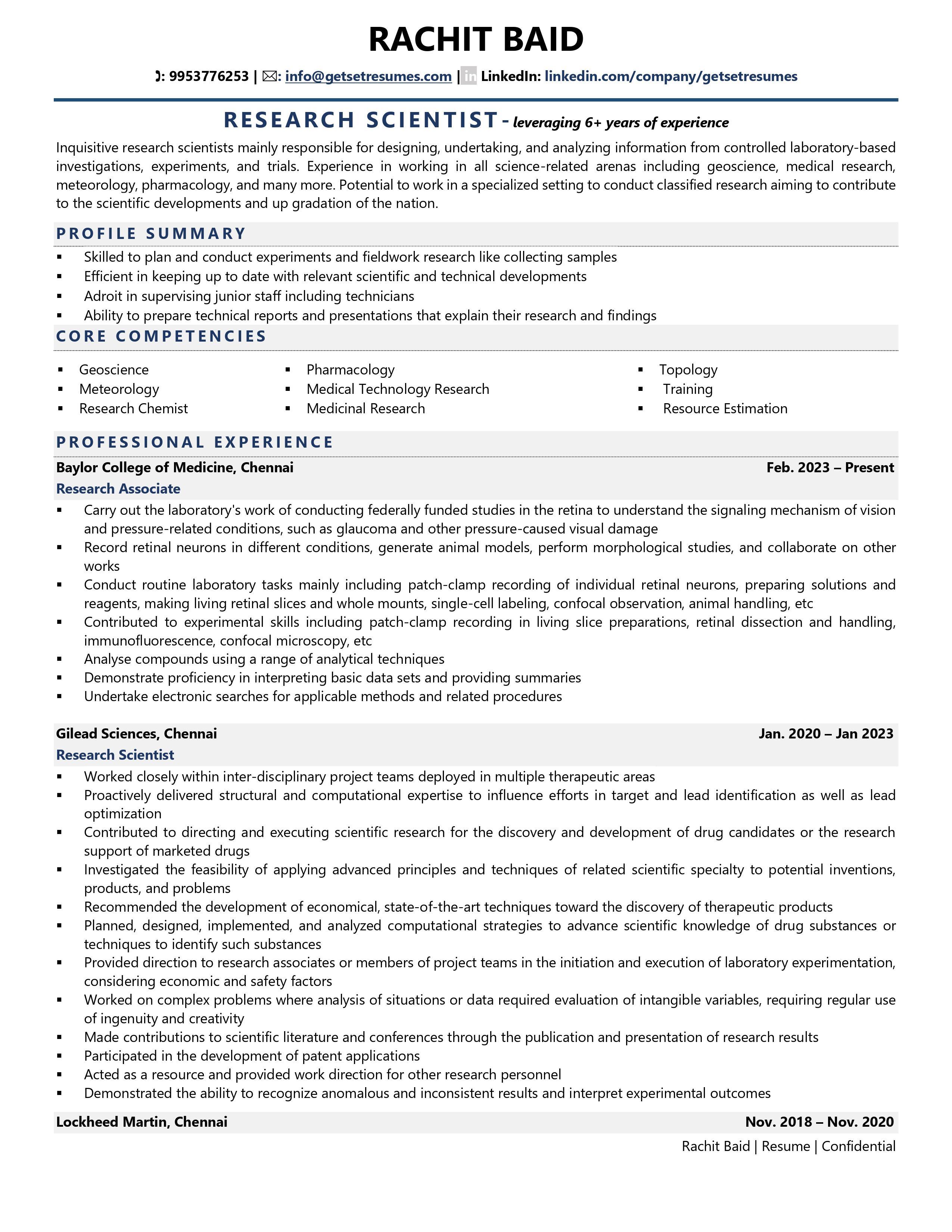 Research Scientist - Resume Example & Template