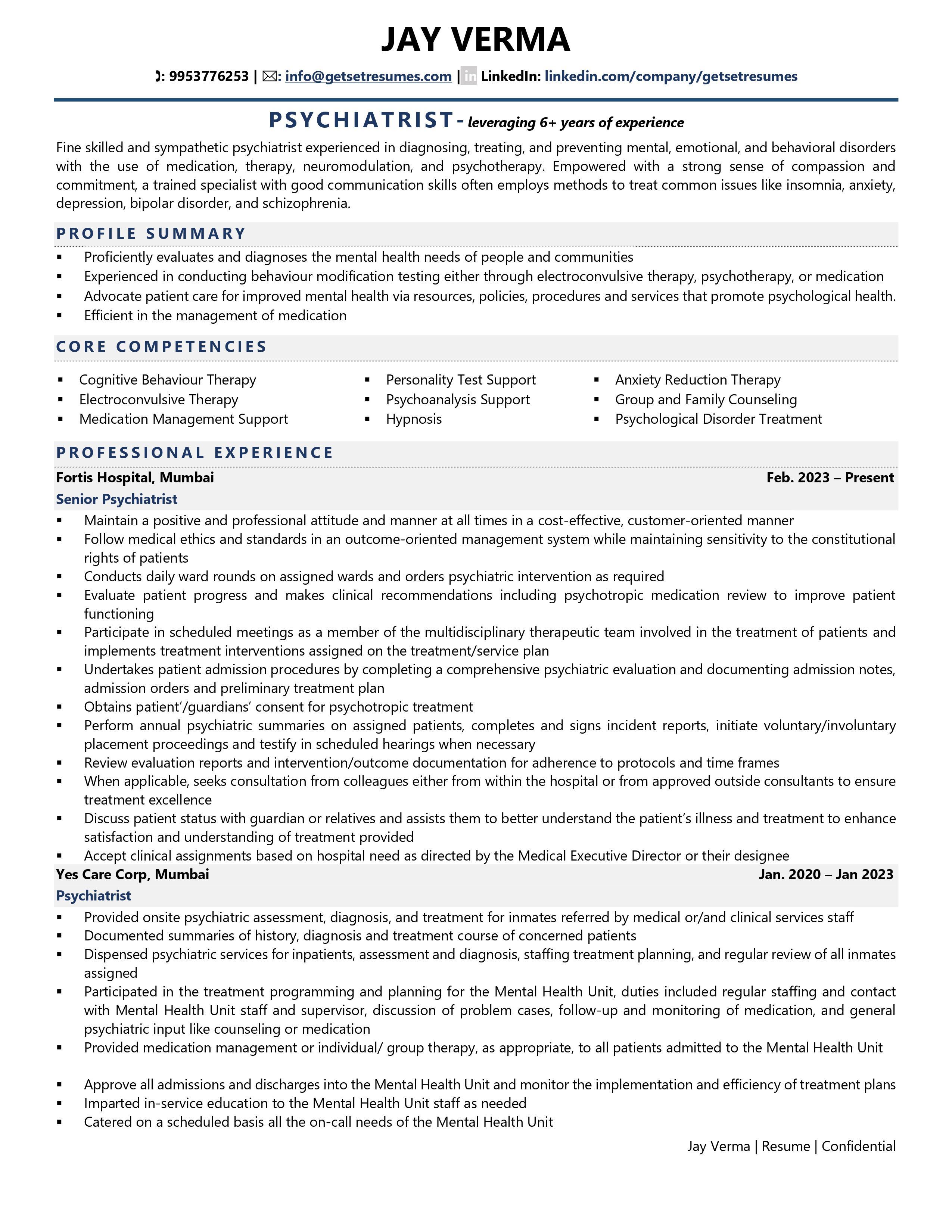 Psychiatrist - Resume Example & Template