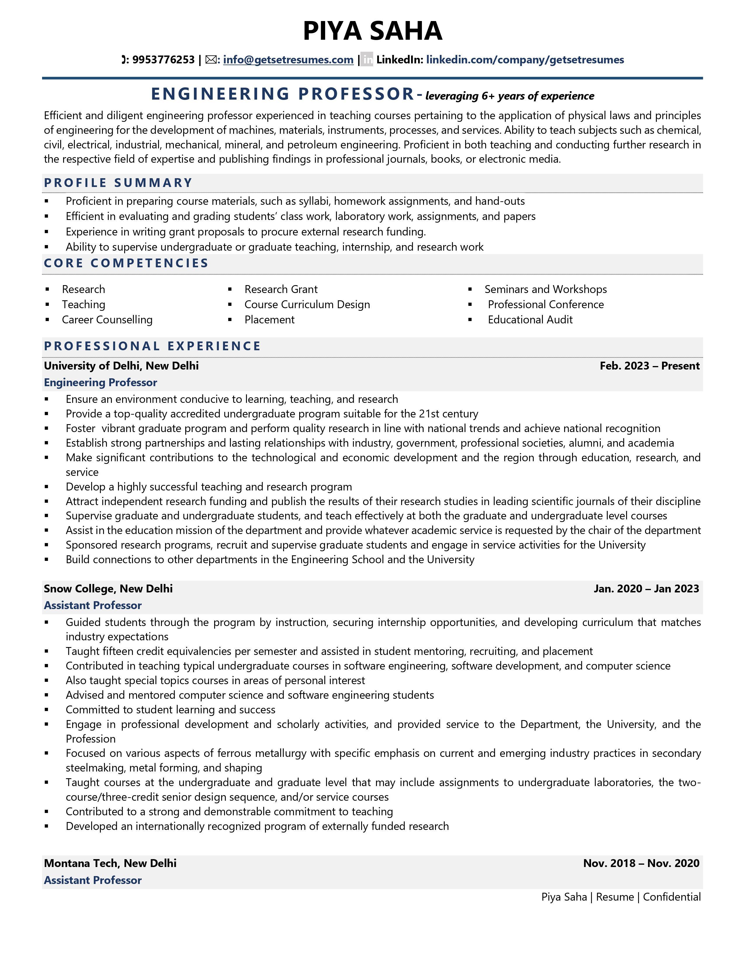 Engineering Professor - Resume Example & Template