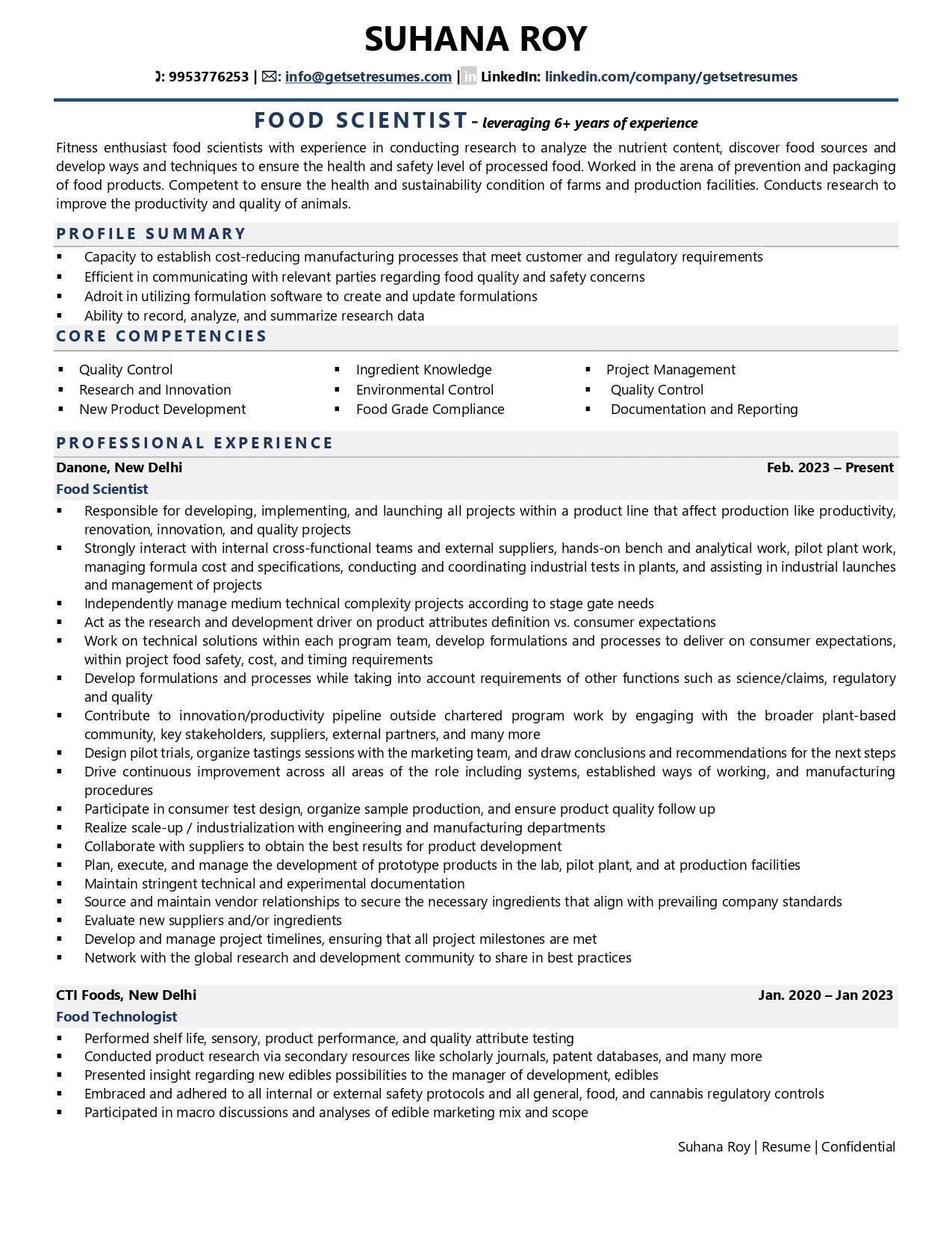 Food Scientist - Resume Example & Template